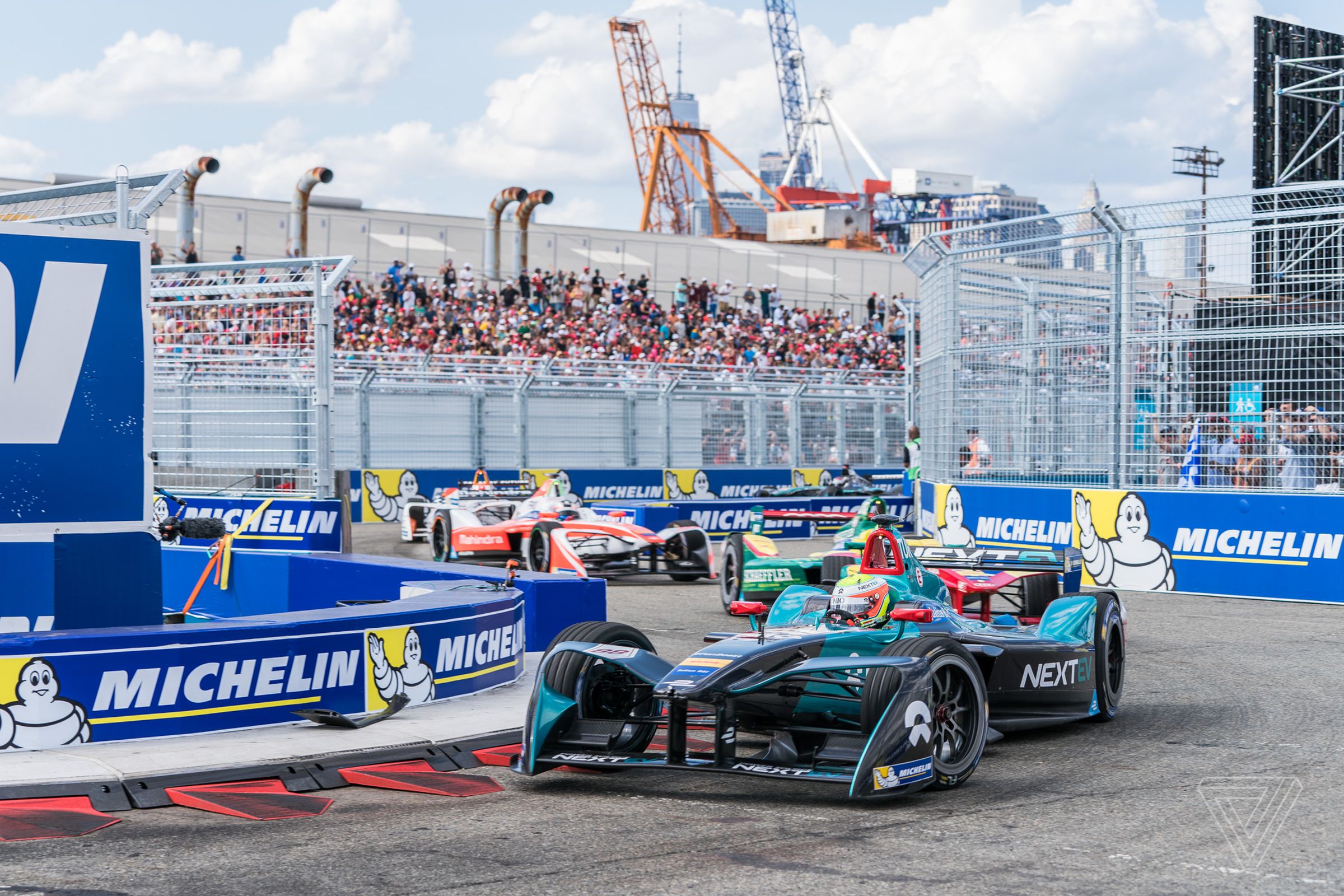 The first-generation Formula E car in action during the series’s first race in New York City in 2017.