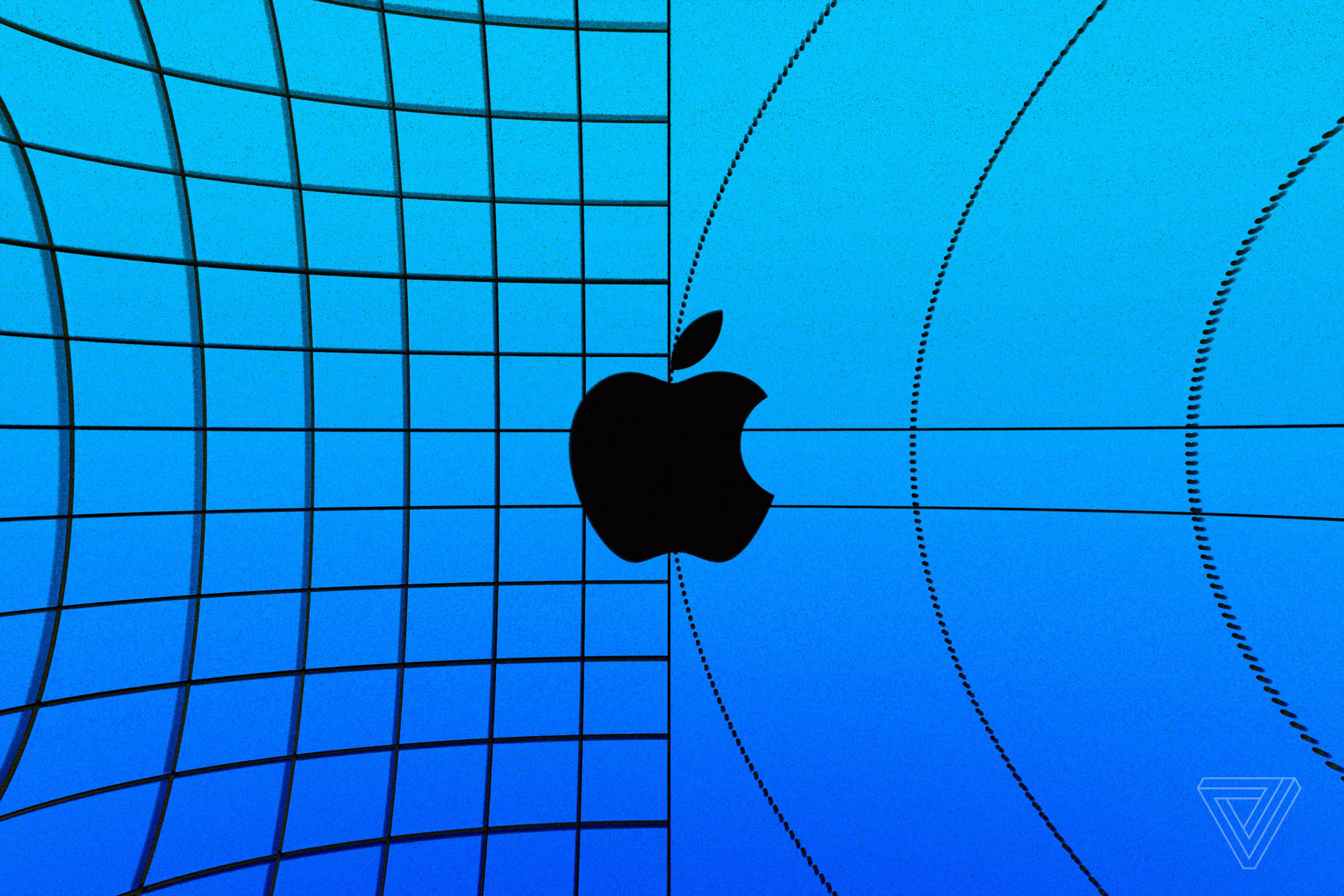The Apple logo on a blue background