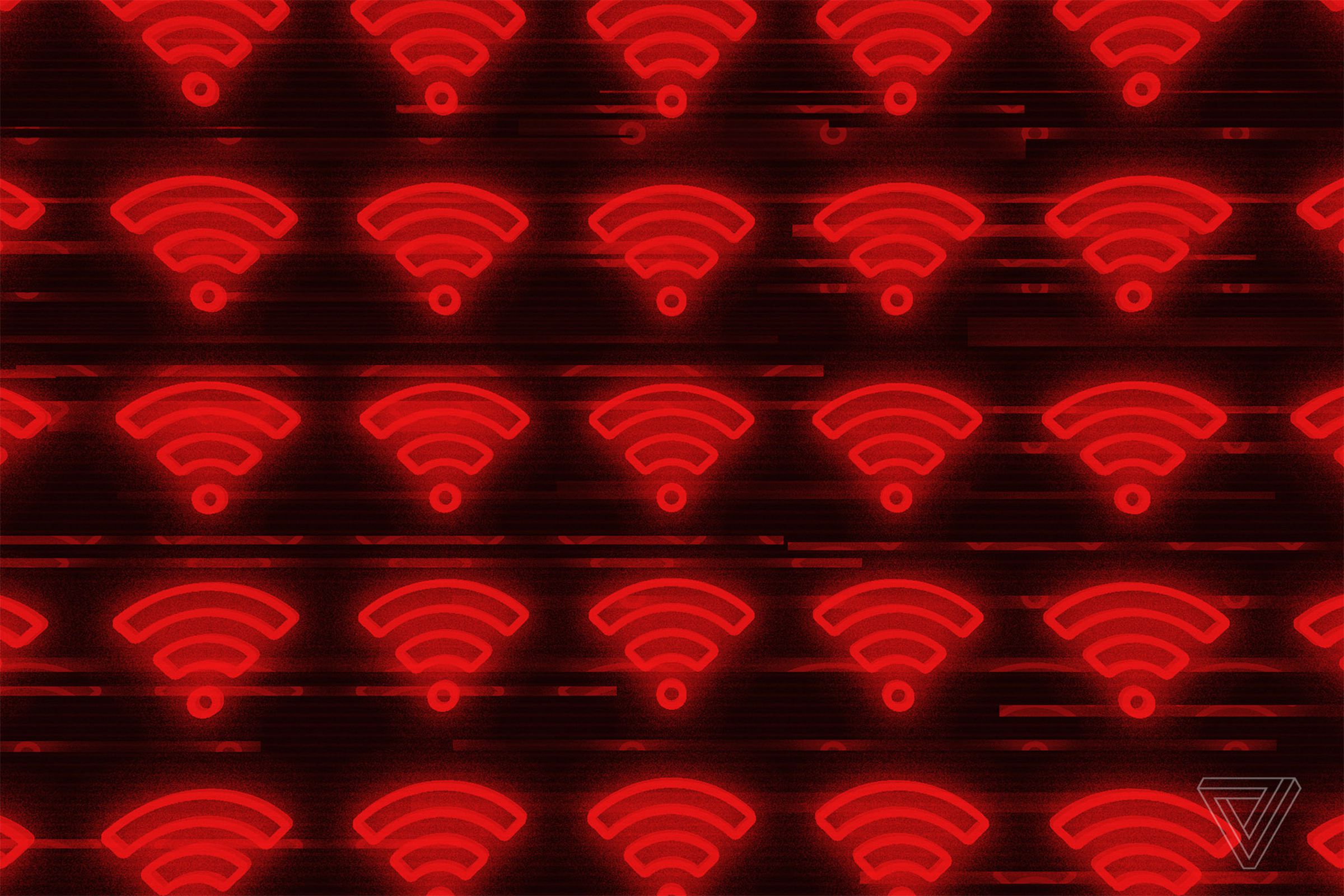 An image showing a pattern of red Wifi symbols on a black background