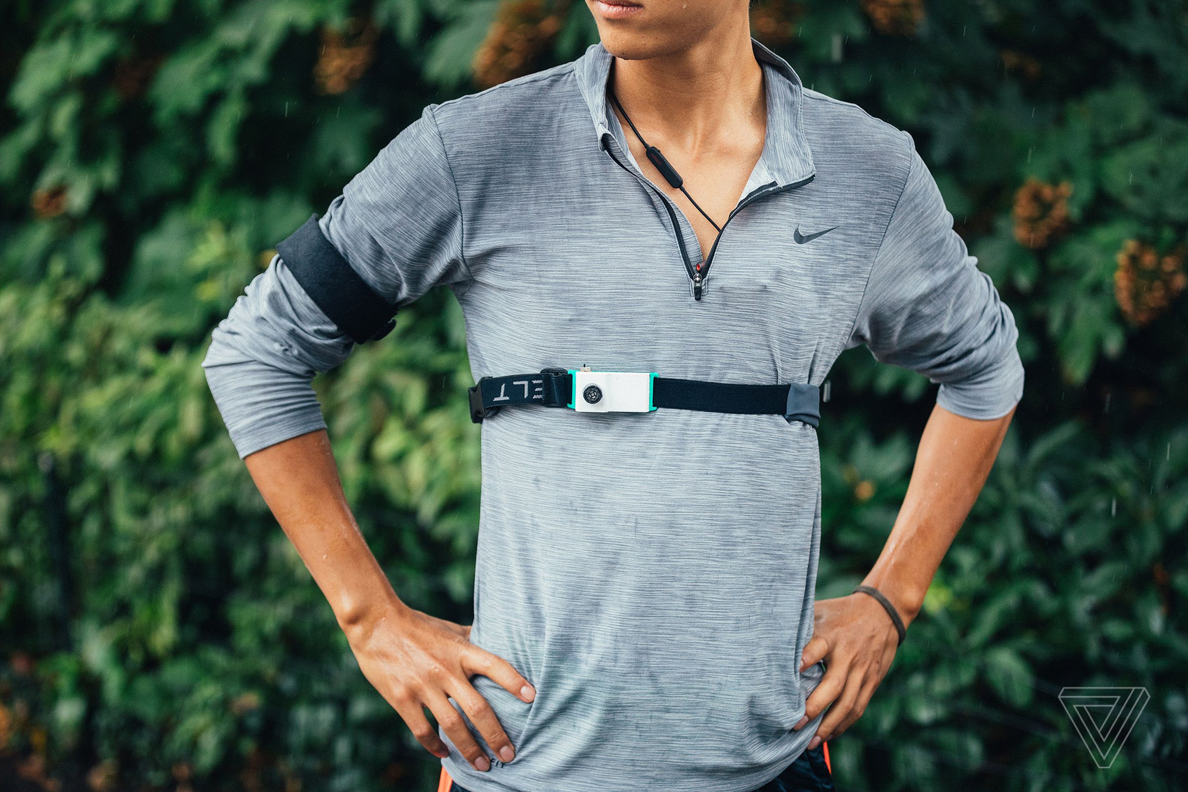 WearWorks co-founder Kevin Yoo wearing the Tortoise, the ultrasonic device the team created to help Wheatcroft micro-navigate