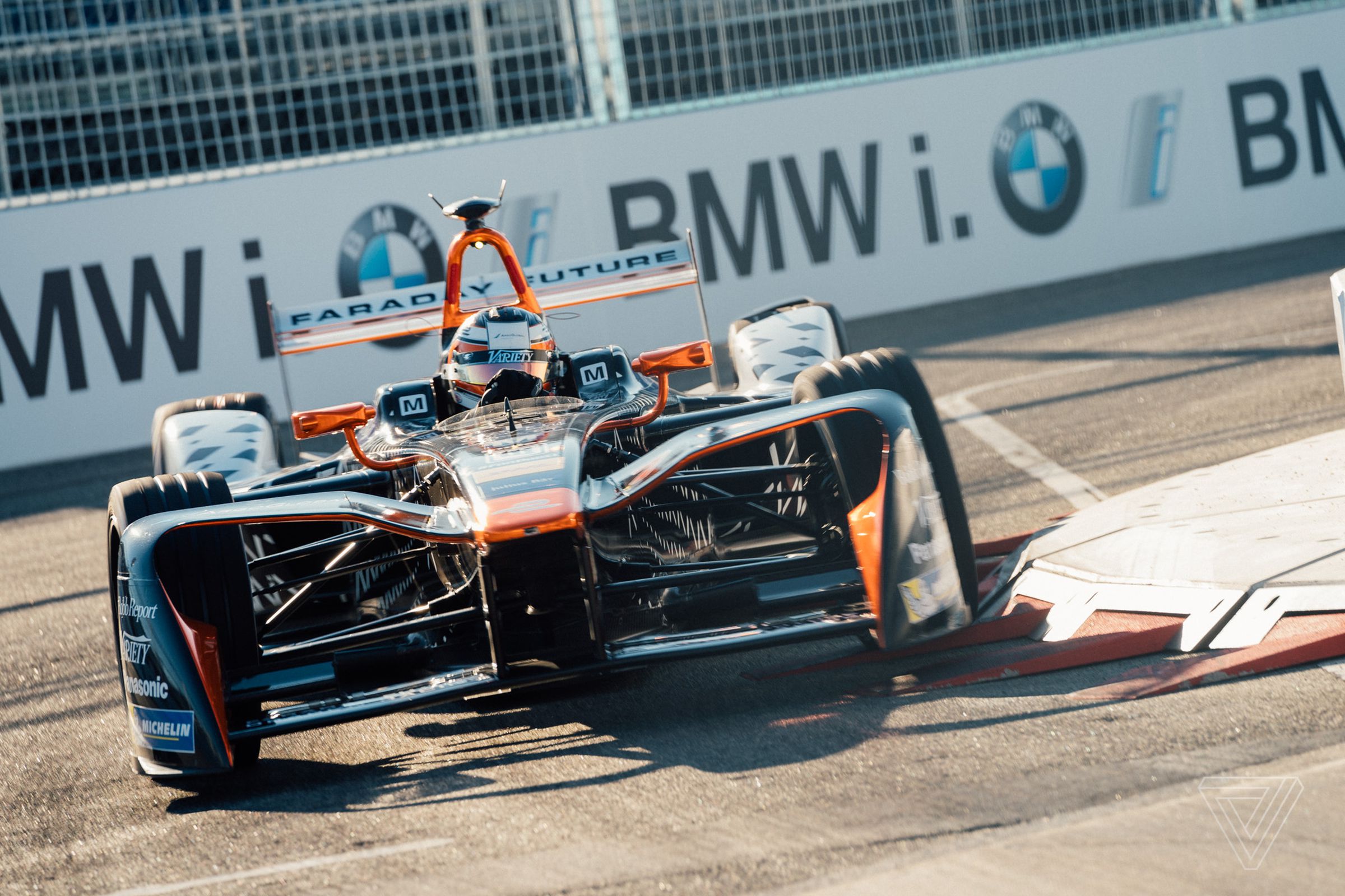 Faraday Future Dragon Racing’s Jerome D’Ambrosio hangs a left at Turn 10, which many drivers were calling one of the most difficult on the schedule. 