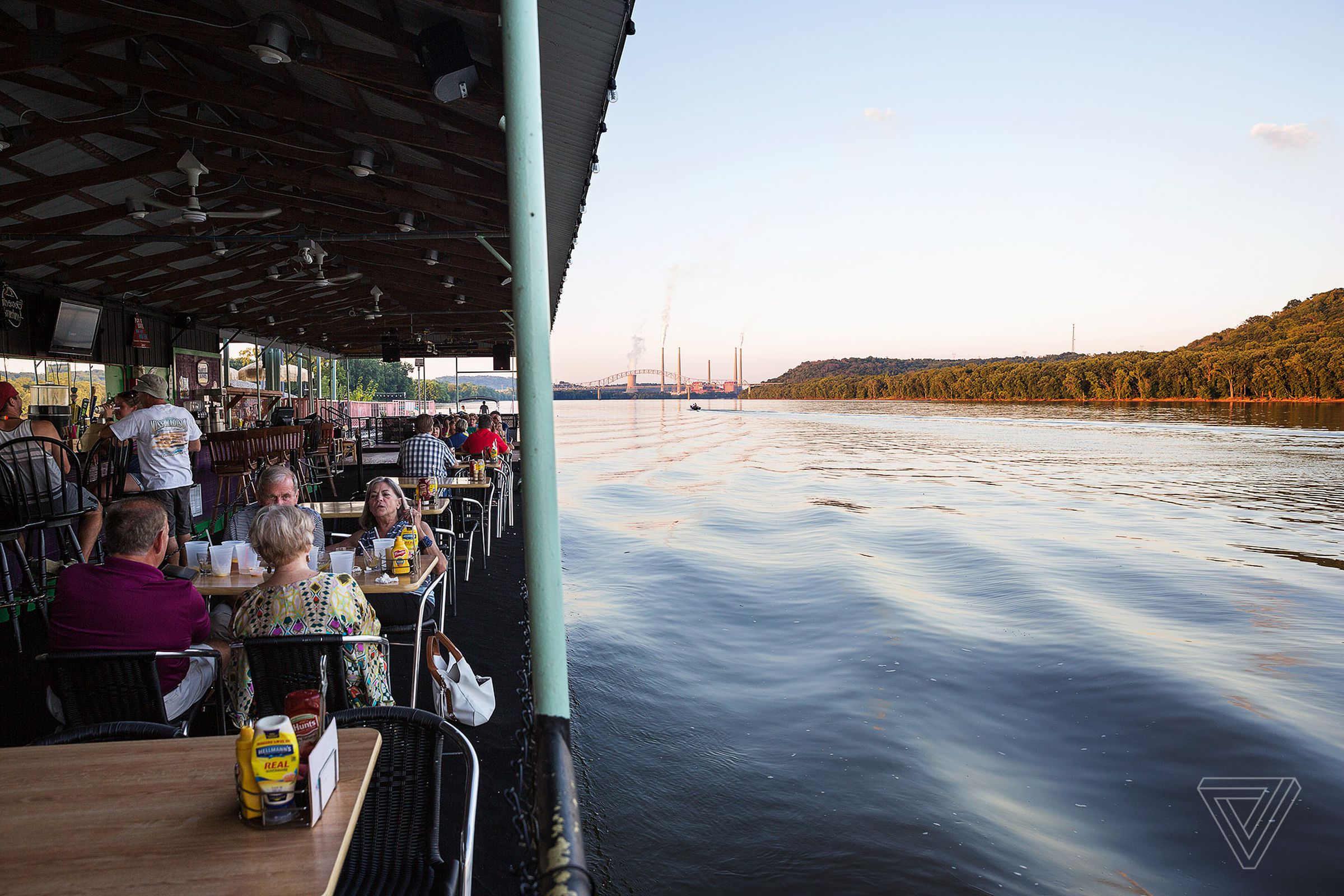 RiverWatch restaurant is a popular spot with locals and visitors to Lawrenceburg. It floats on a barge in the Ohio River off the Indiana side and faces Ohio. Just up the river is the Kentucky border.