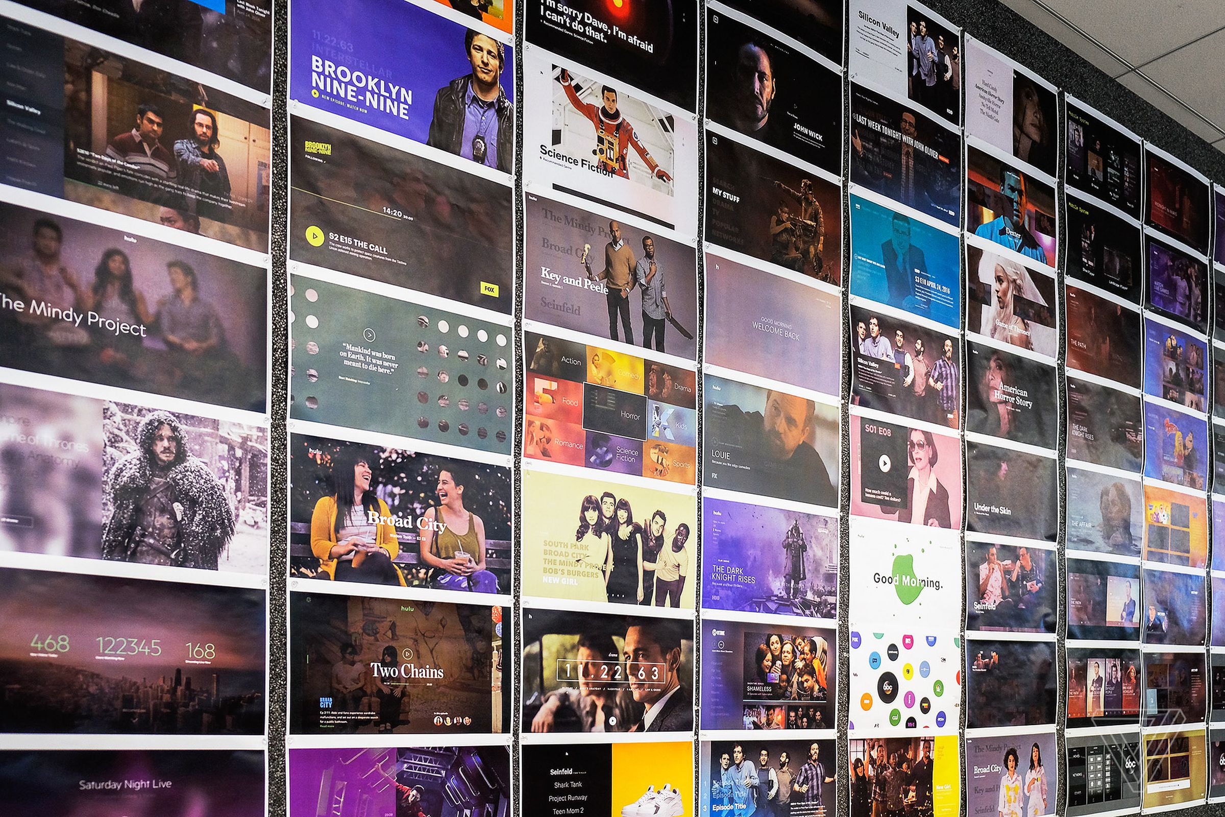 User interface mockups for Hulu’s TV service line the walls at the company’s headquarters. 