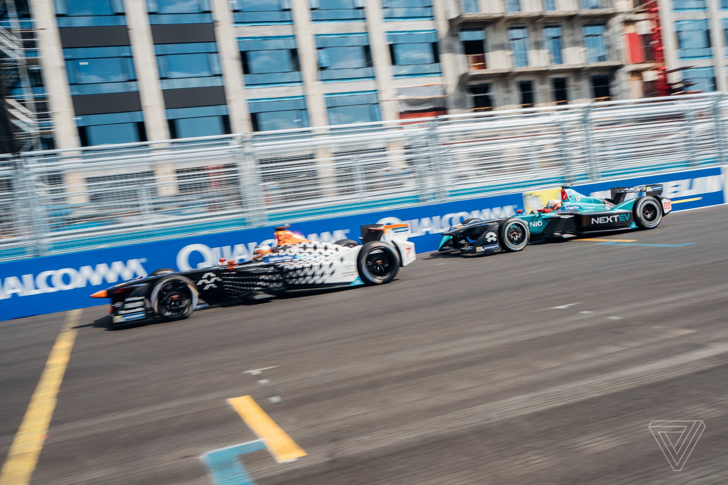 Faraday Future Dragon Racing’s Jerome D'Ambrosio gets around NextEV’s Oliver Turvey in the first few laps of the race.