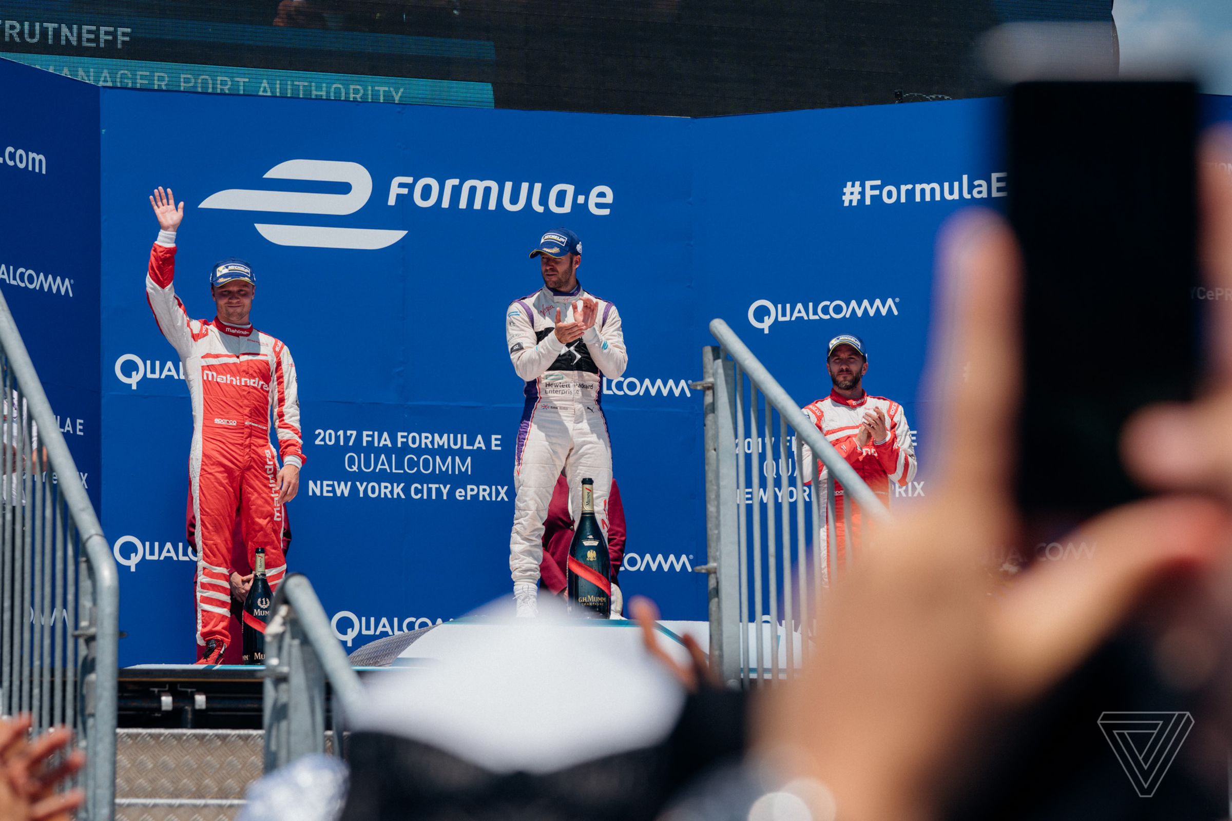 Felix Rosenqvist, Sam Bird, and Nick Heidfeld stand on the podium after Sunday’s race.