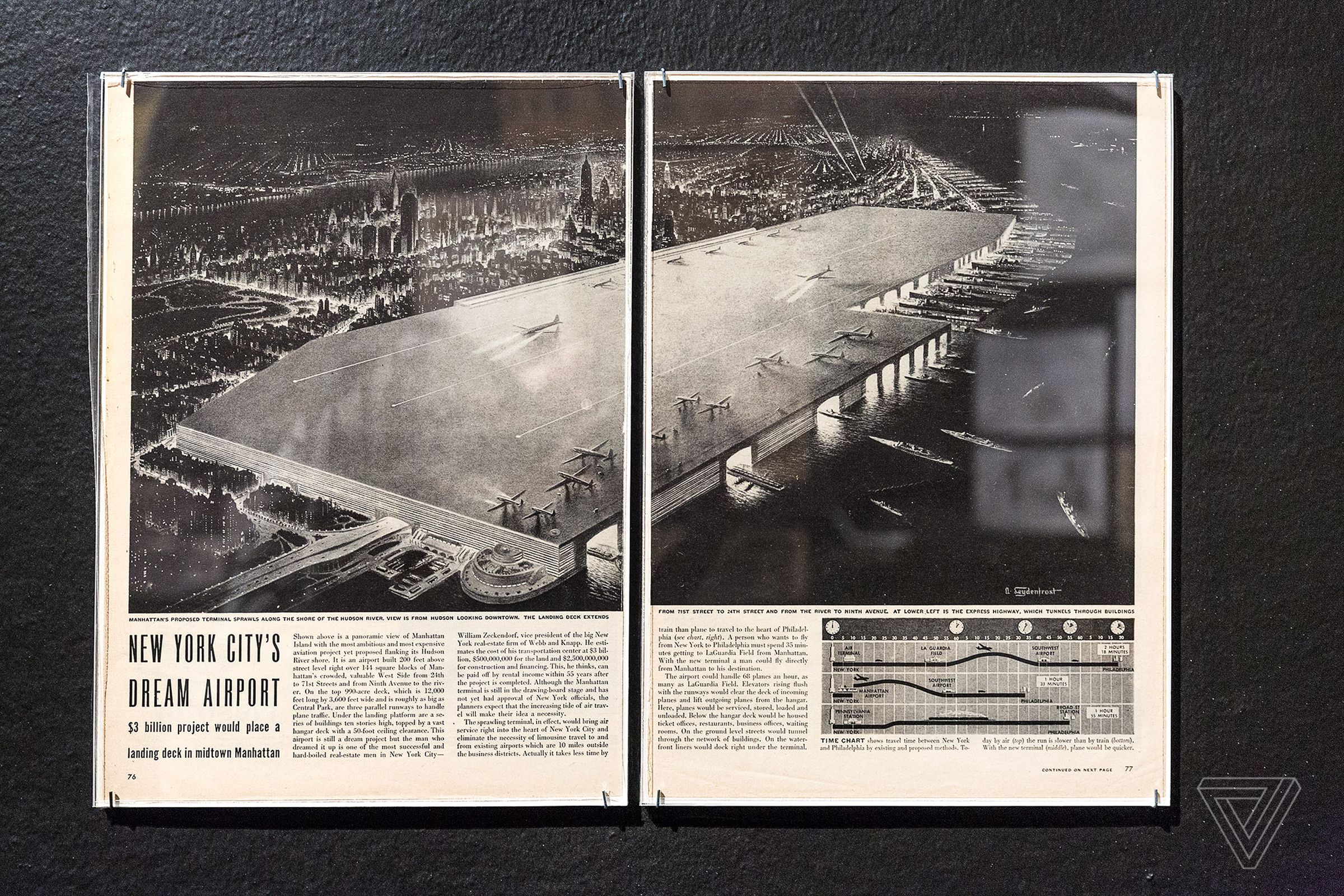 Zeckendorf’s airport idea was covered in the December 1945 issue of Life, described as a “dream.” Okay, sure! Steel columns would suspend the airport 200 feet above street level from 24th street to 71st street, from 9th avenue into the river. 