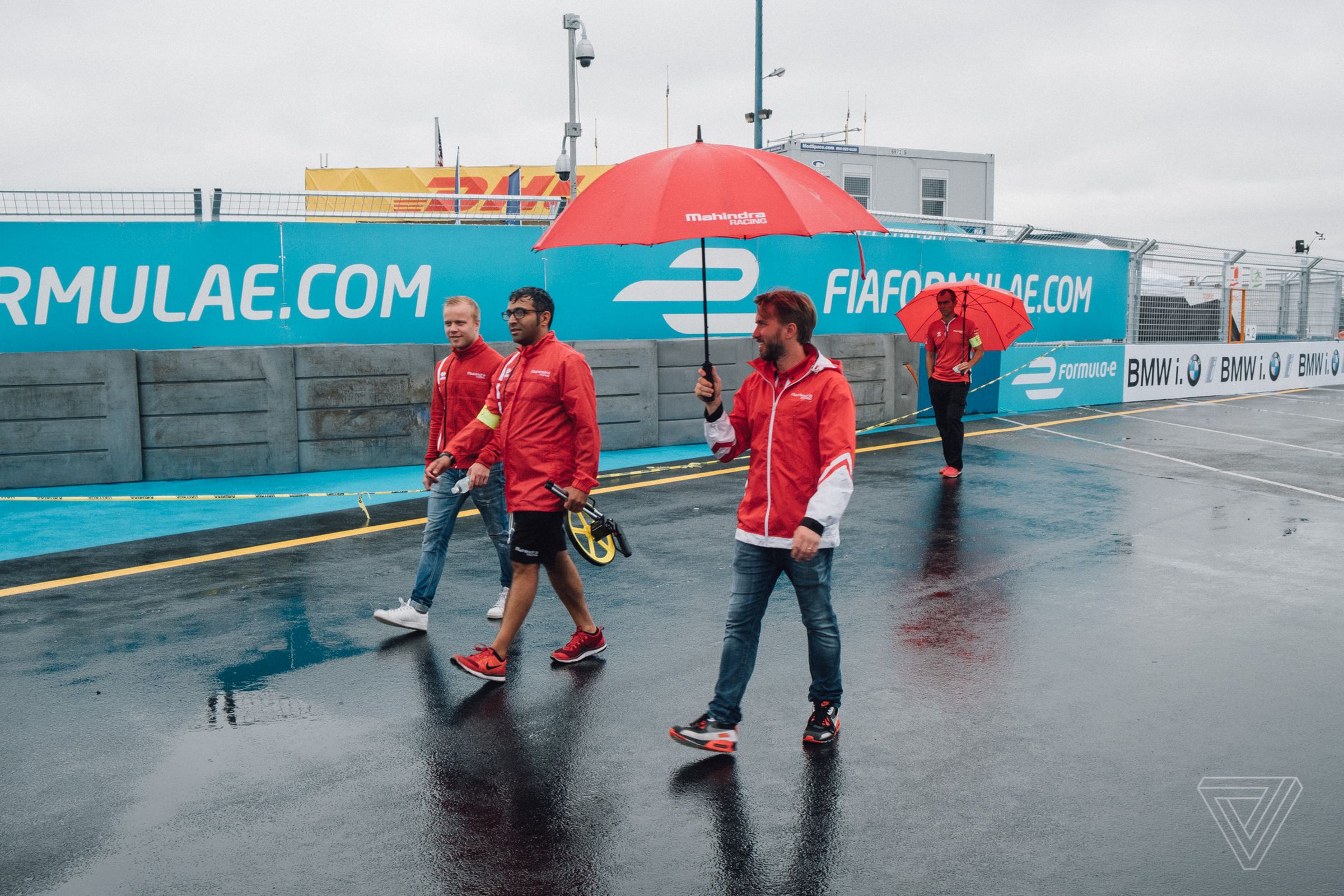Mahindra Racing drivers Felix Rosenqvist (L) and Nick Heidfeld (R) walk the track to get a sense of the layout.