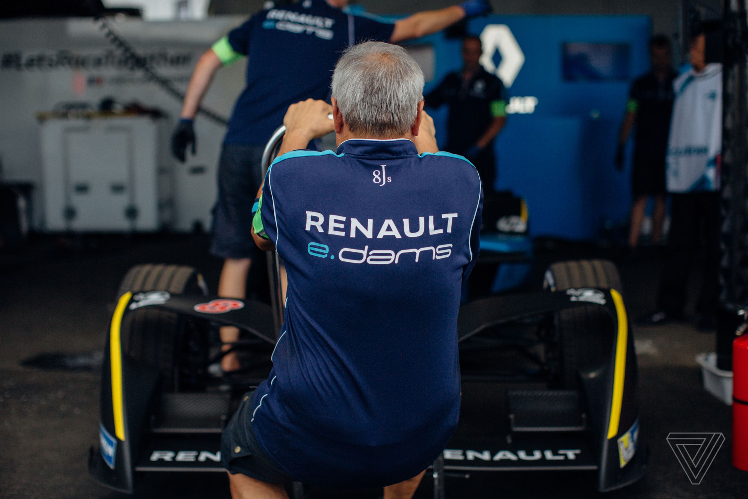 The Renault e.dams team jacks up the #8 car of driver Nico Prost. Renault far and away has the best chance of winning the team championship this season.