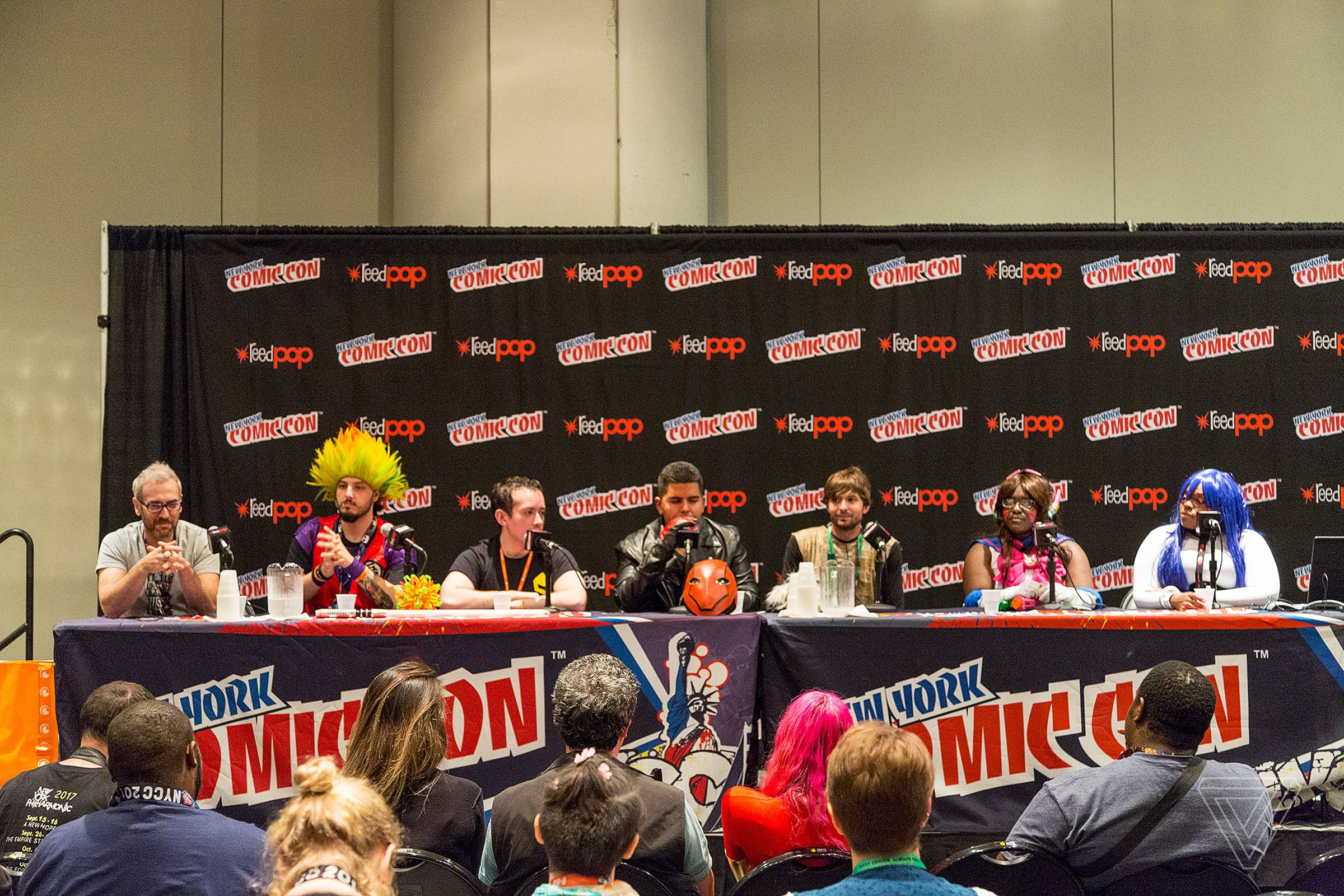 The panel on Cosplaying and Disabilities. From the left: David Vogel, Dylan Cohen, Nathan Gonzales, Justin Santiago, Joseph Munisteri, Startdust Megu, and Harujuku Chic.