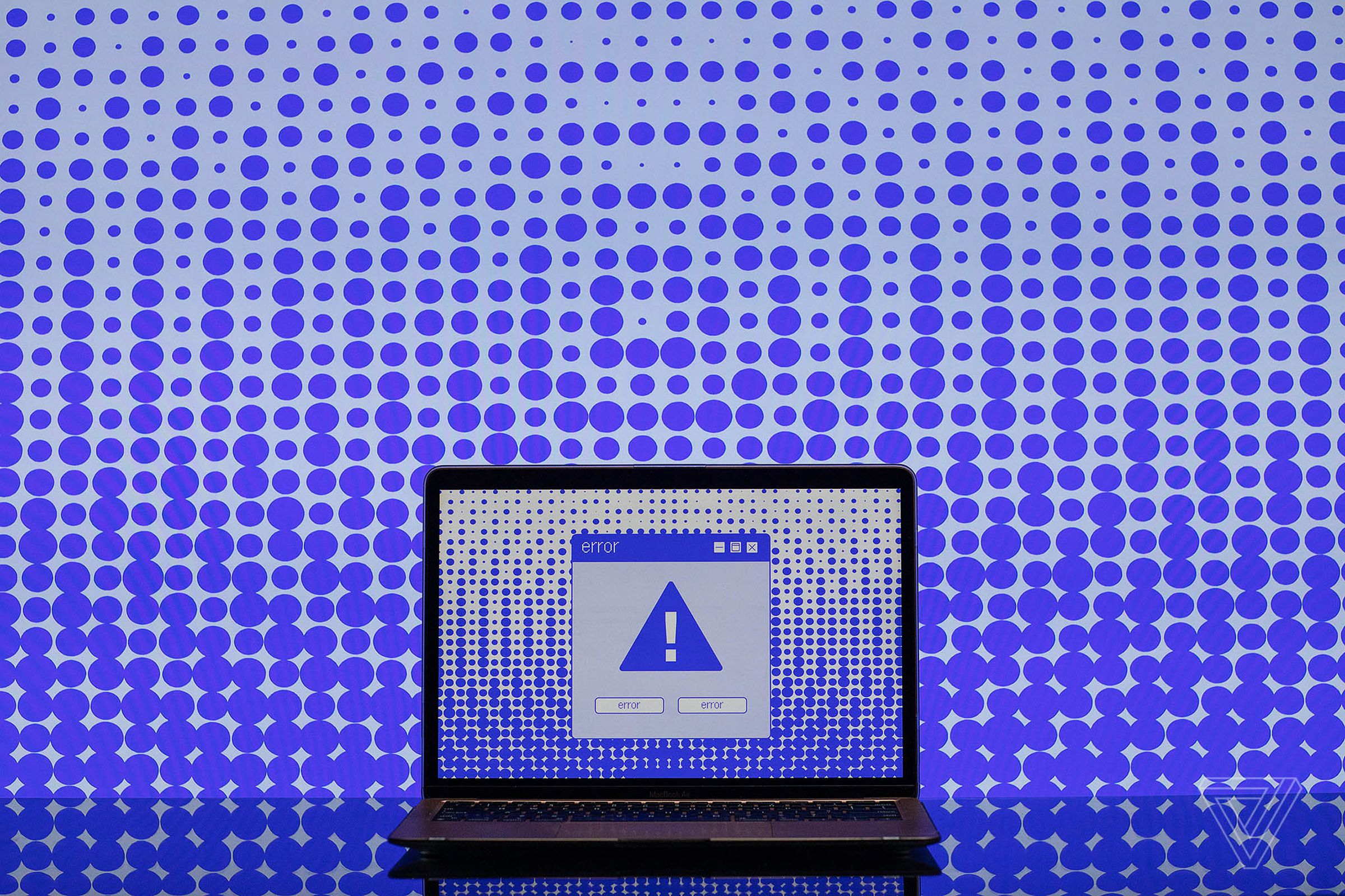 Illustration of a computer screen with a blue exclamation point on it and an error box.
