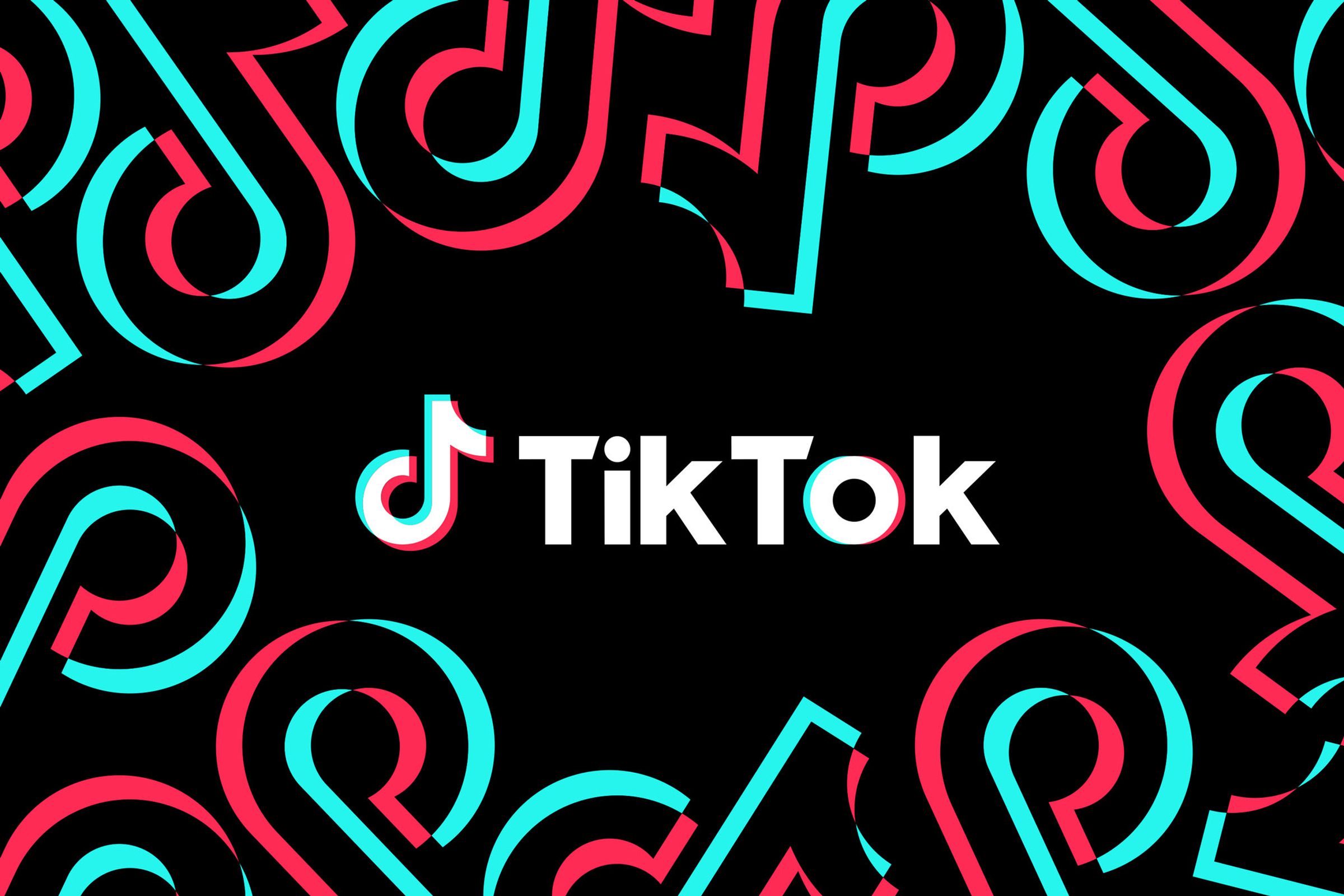 The TikTok logo on a black background with pink and blue repeating logos around the edges.
