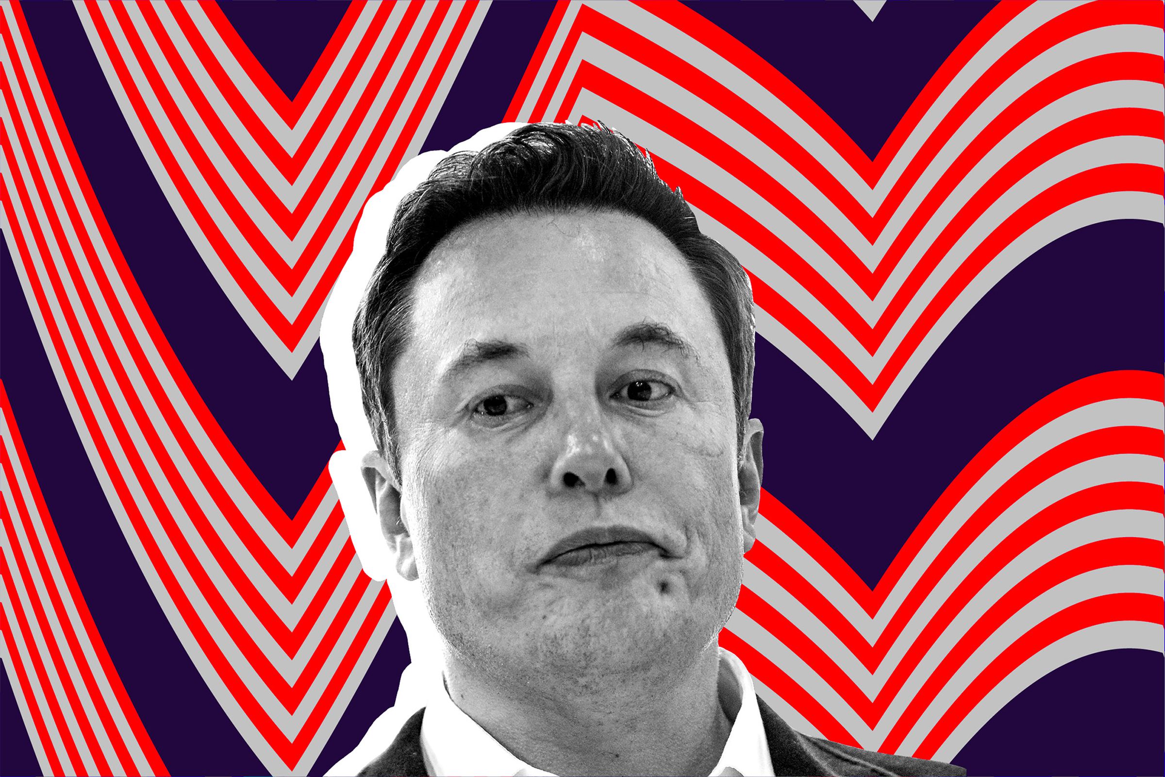 An image showing Elon Musk on a red striped background