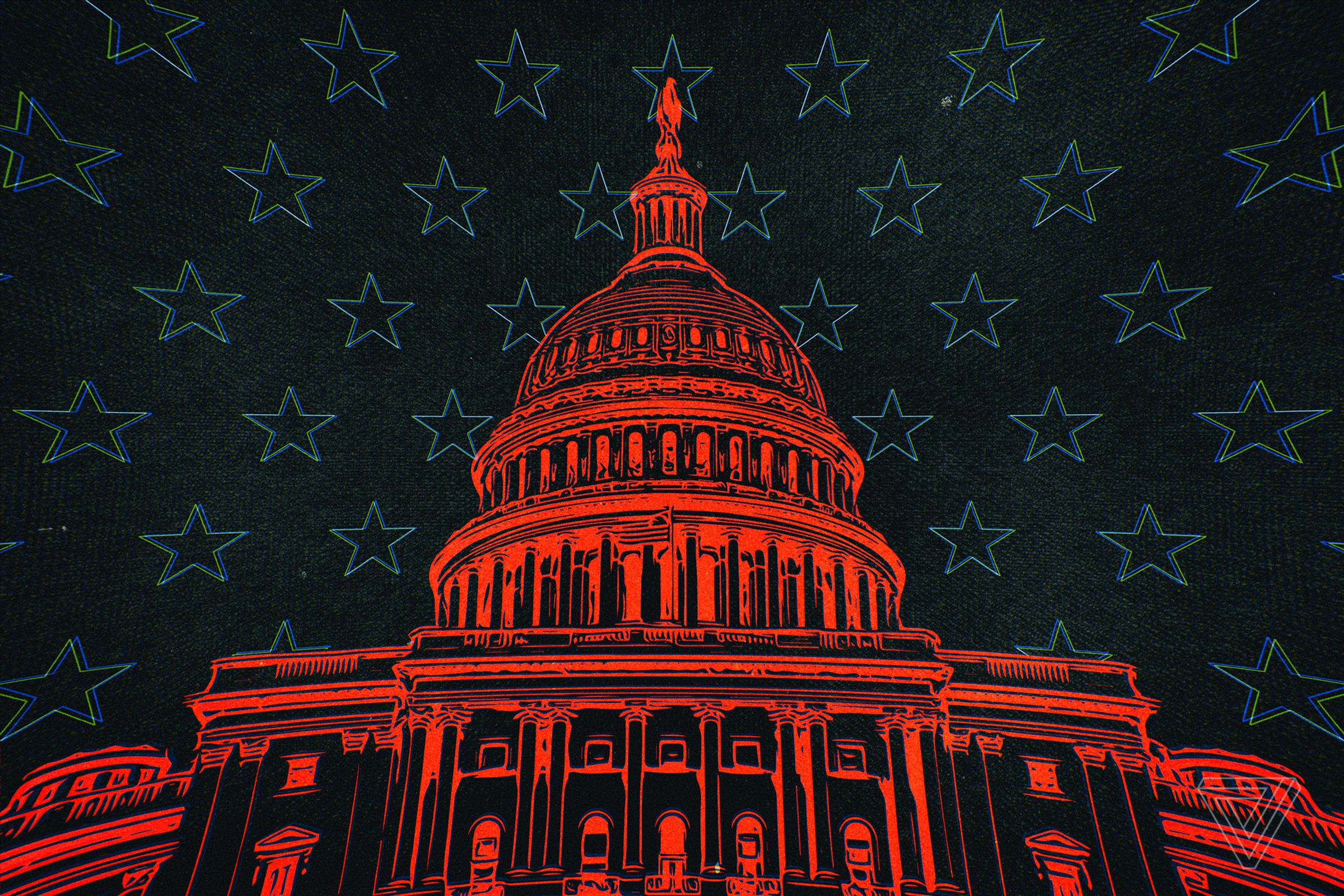 The image is an illustration of the US Capitol building overlaid on a star patterned background.