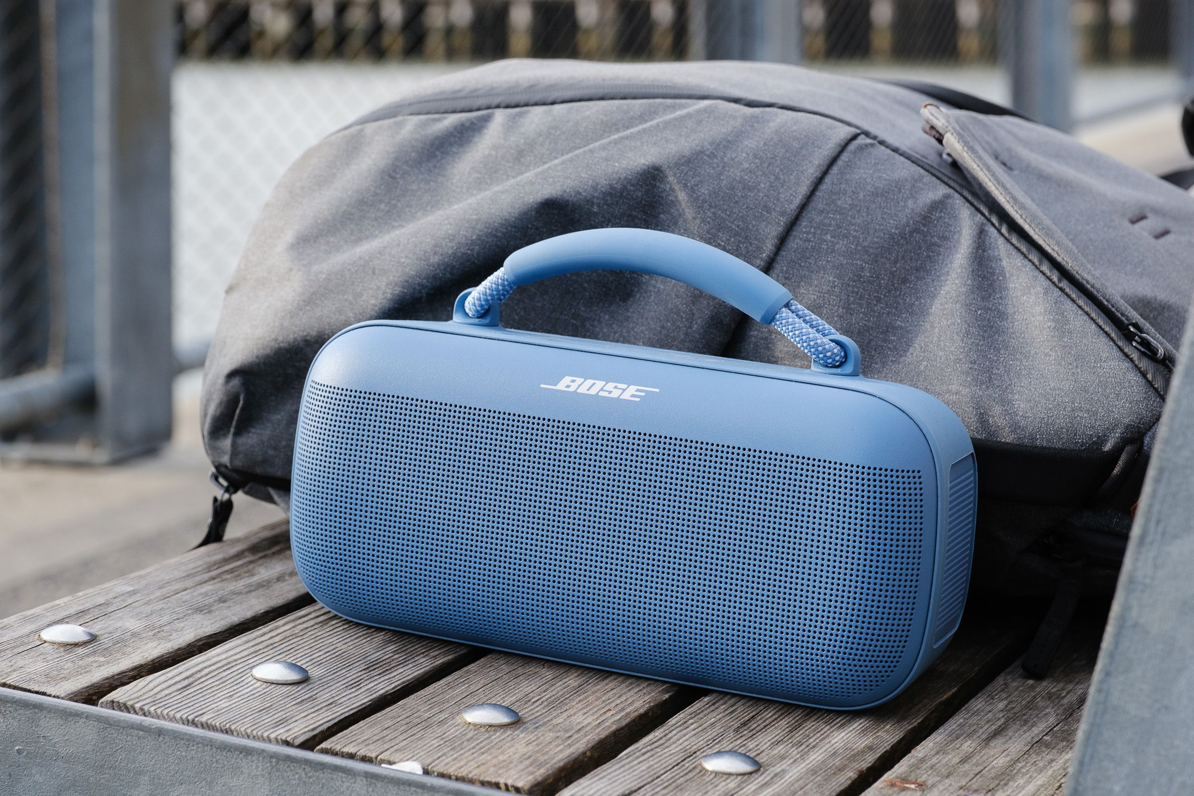 A photo of Bose’s light blue SoundLink Max portable speaker.
