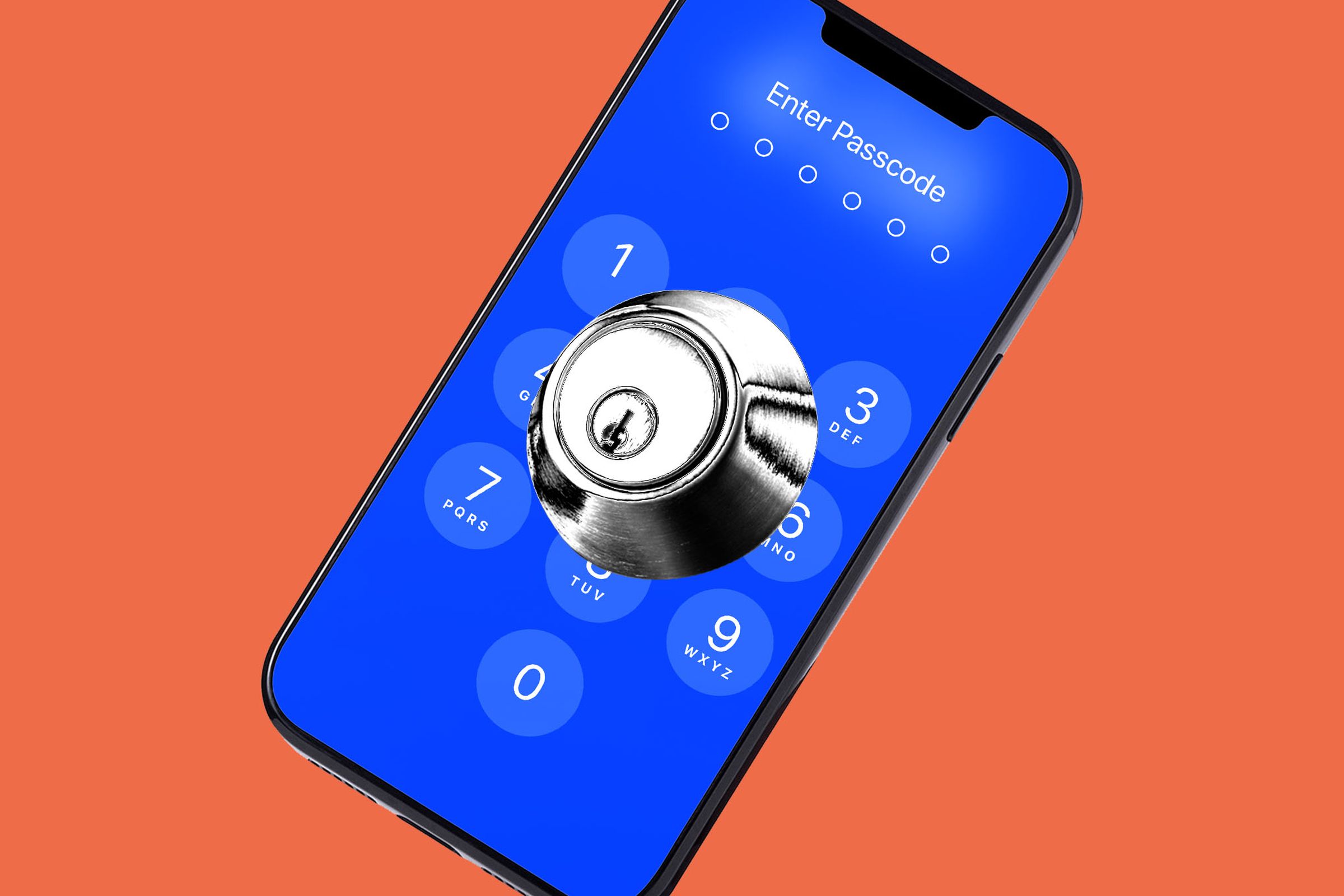 Photo collage of a phone with a deadbolt over the passcode number pad.