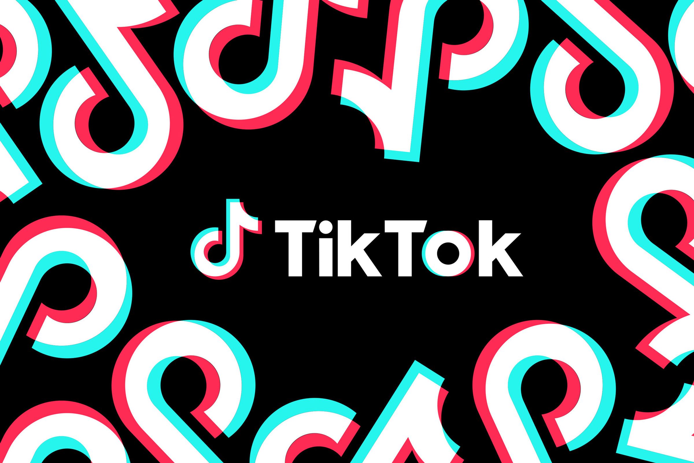 The TikTok logo on a black background with repeating music note motifs
