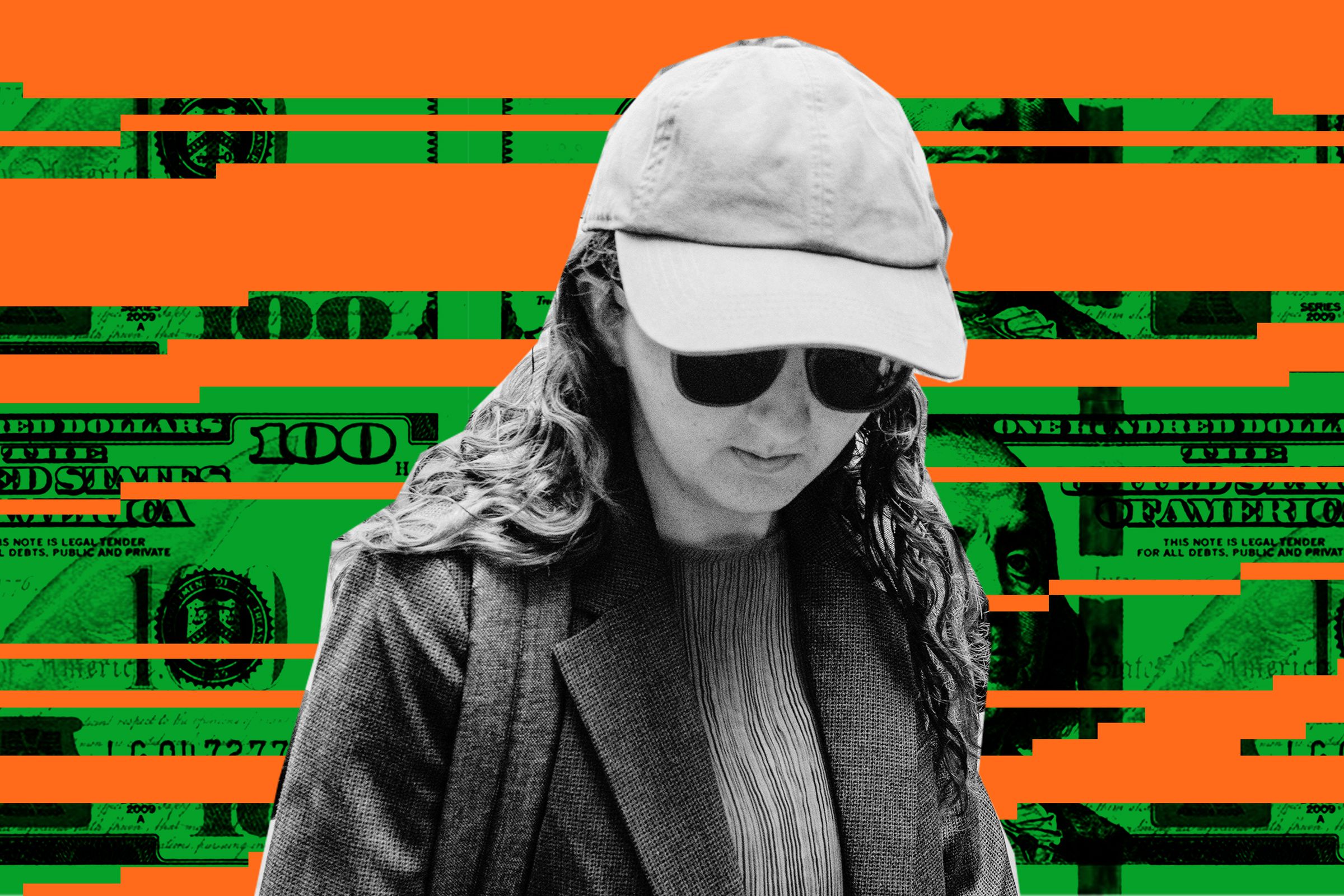 Photo illustration of Caroline Ellison on a graphic orange and green background of pixels and money.
