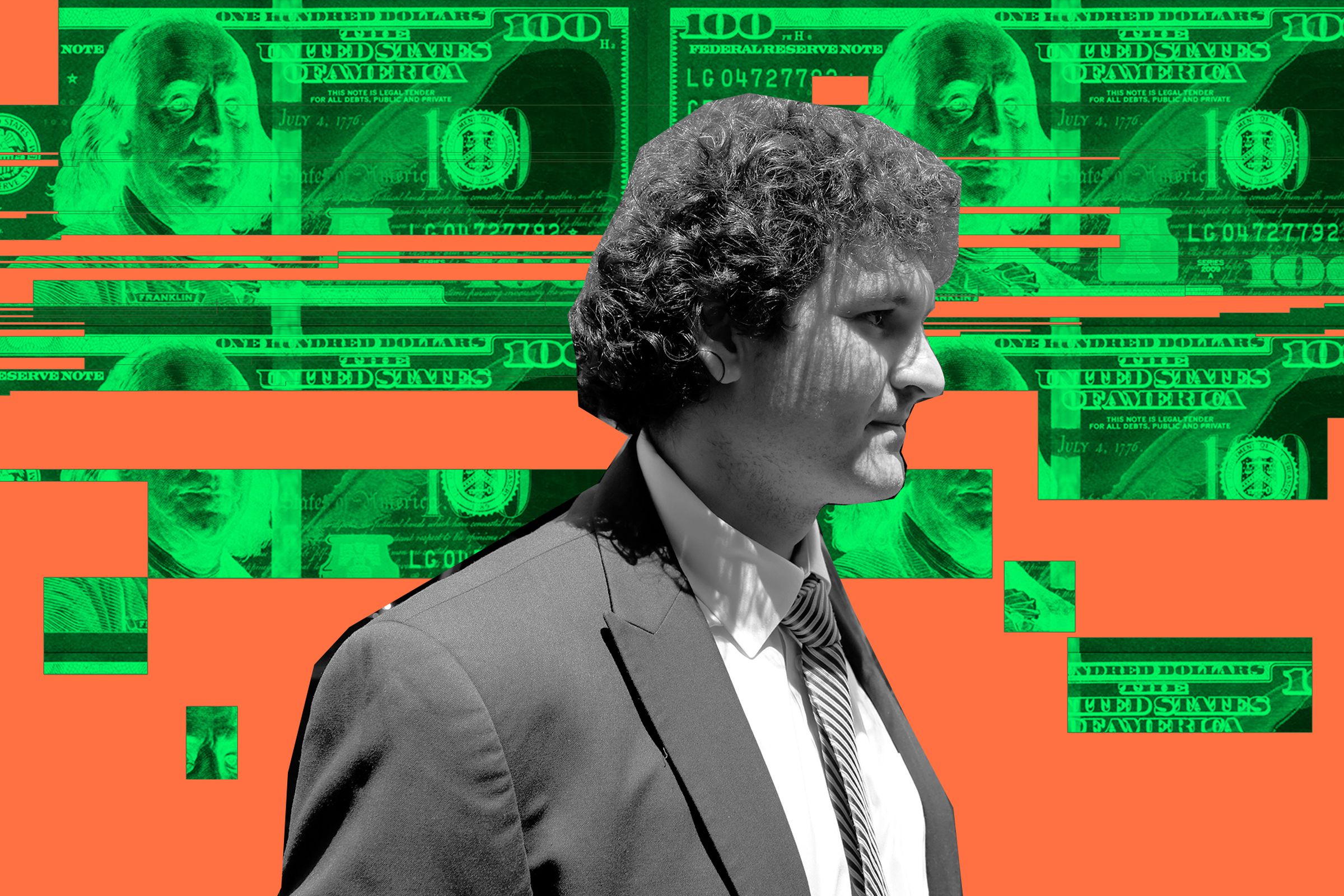Photo Illustration of Sam Bankman-Fried in front of a graphic background of inverted money.