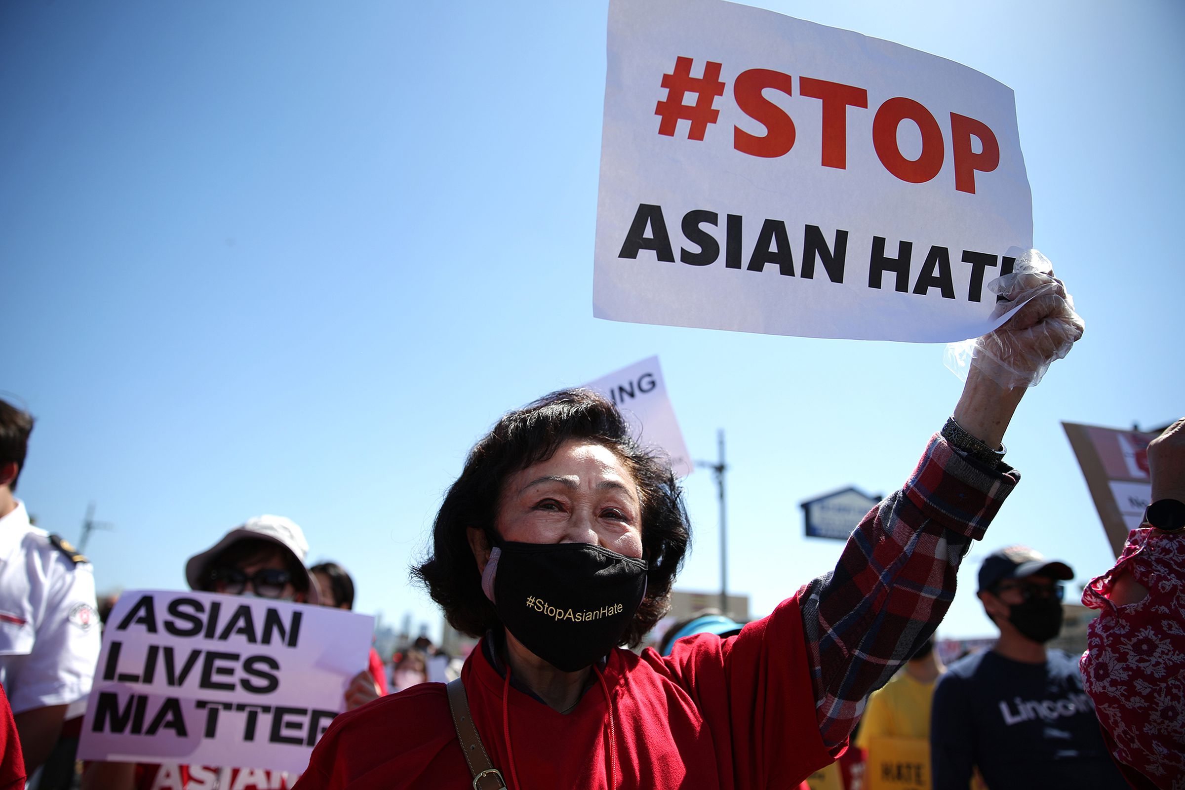 People demonstrate at the ‘Stop Asian Hate March and Rally’ in Koreatown on March 27, 2021 in Los Angeles, California. March 27 is the #StopAsianHate National Day of Action against anti-Asian violence. On March 16th, eight people were killed at three Atlanta-area spas, six of whom were Asian women, in an attack that sent fear through the Asian community amid a rise in anti-Asian hate crimes.