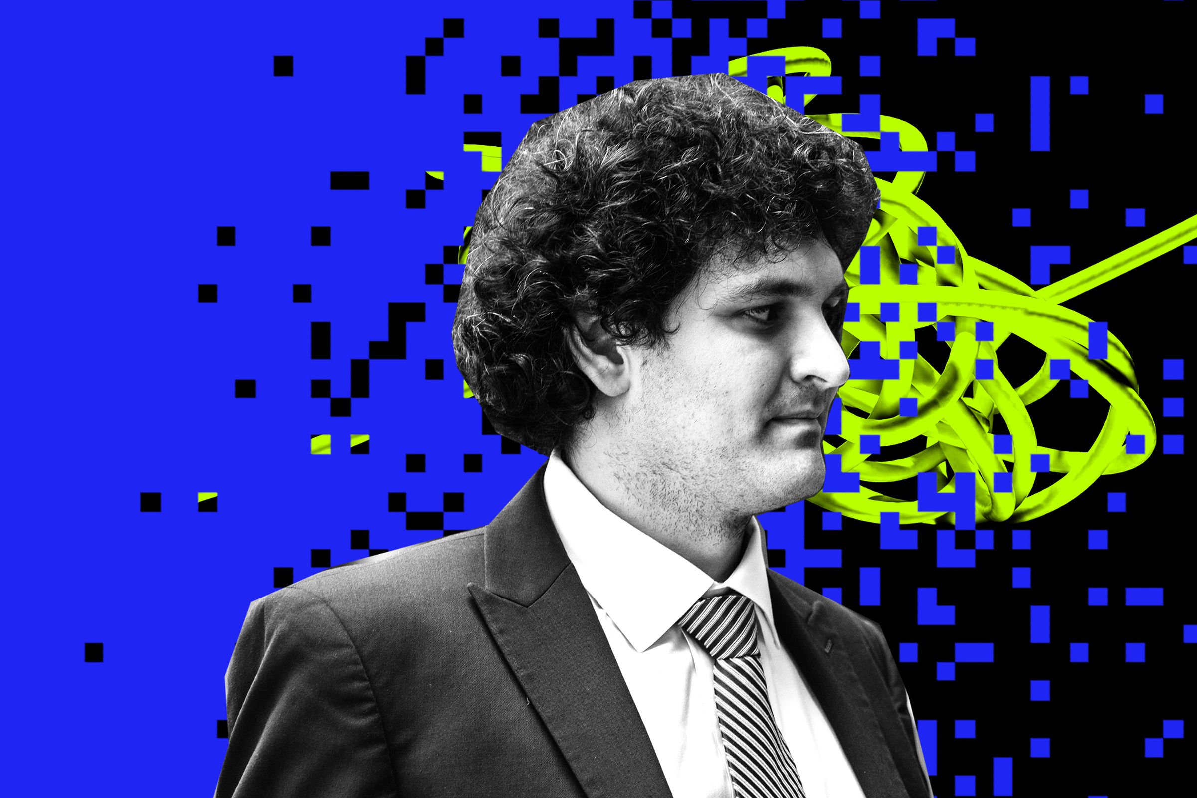 Photo illustration of Sam Bankman-Fried in front of a graphic background of pixels and a tangled wire.