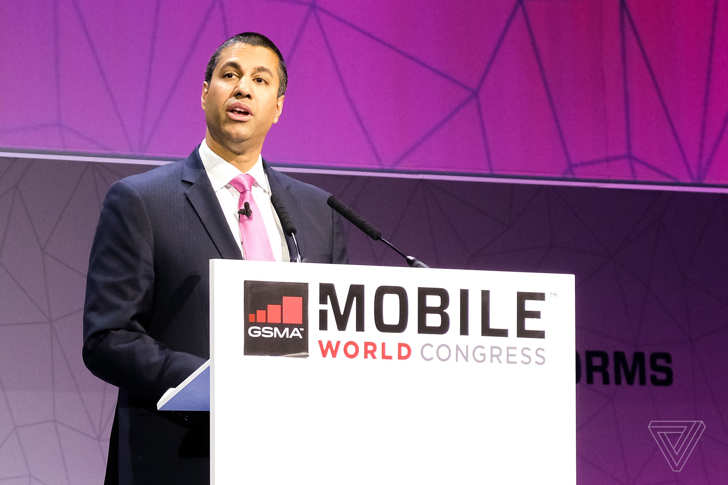 FCC Chairman Ajit Pai speaks at Mobile World Congress 2017 in Barcelona, Spain.