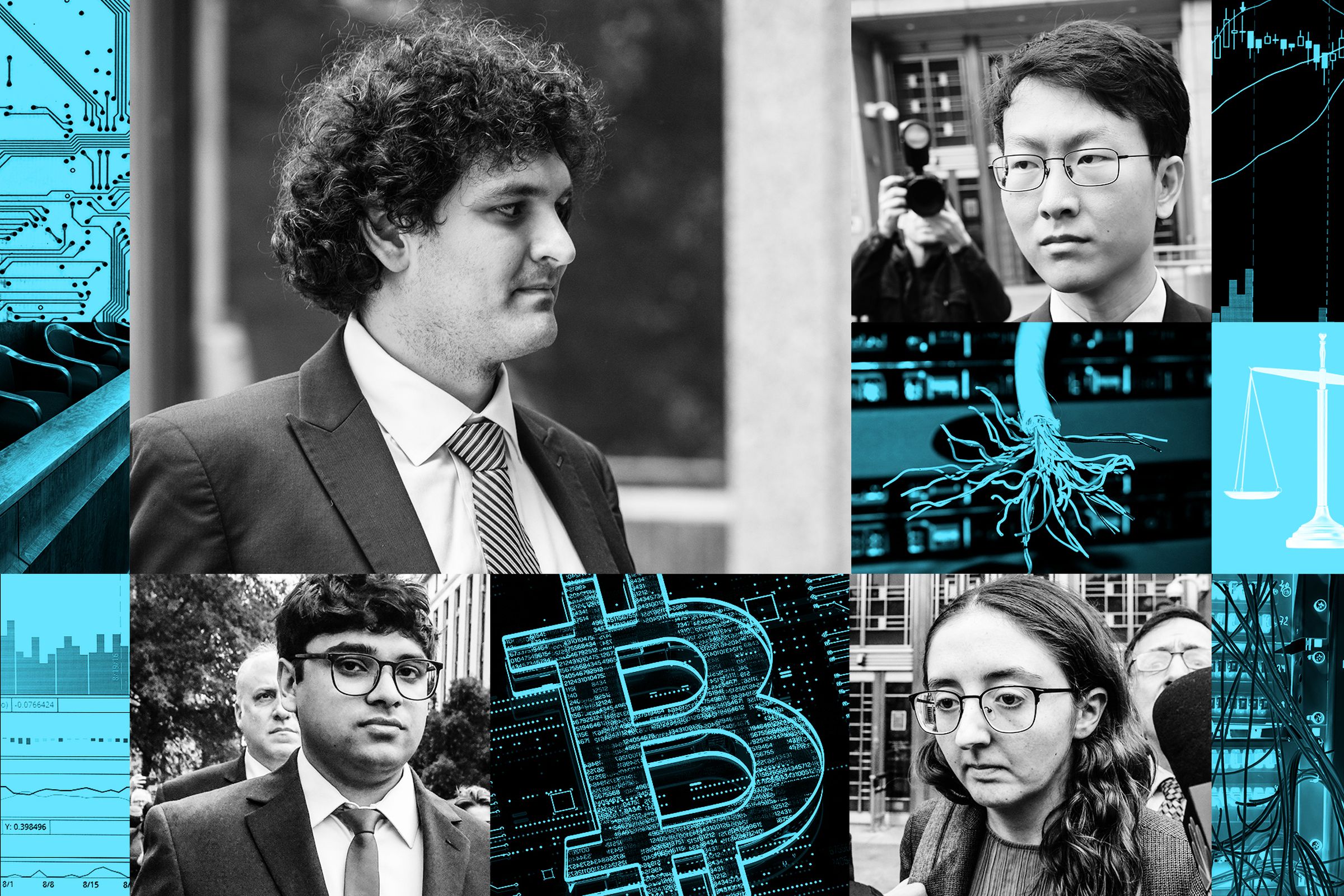 Photo Illustration of Sam Bankman-Fried, Gary Wang, Caroline Ellison, Nishad Singh in front of a graphic background of courtroom and crypto imagery.