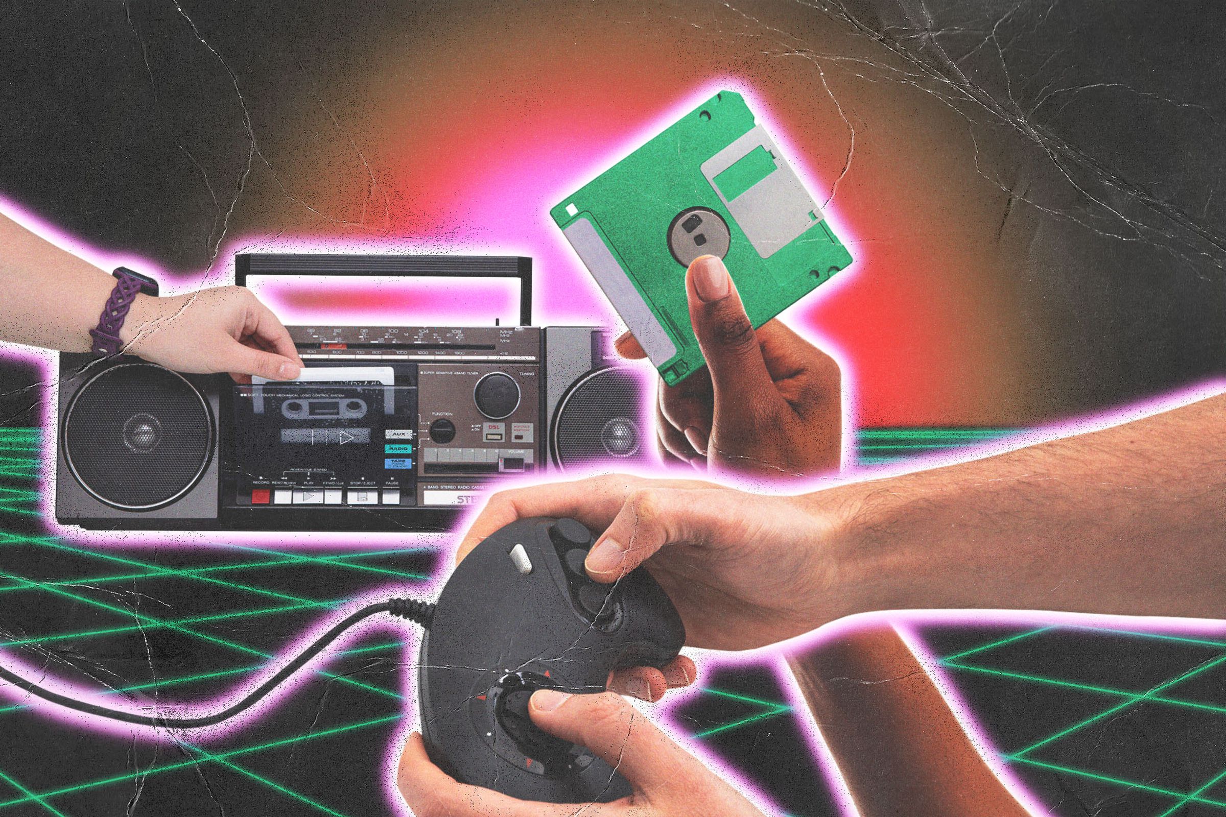 Collage of hands playing with various media sources such as a boom box, floppy disc, and retro game controller