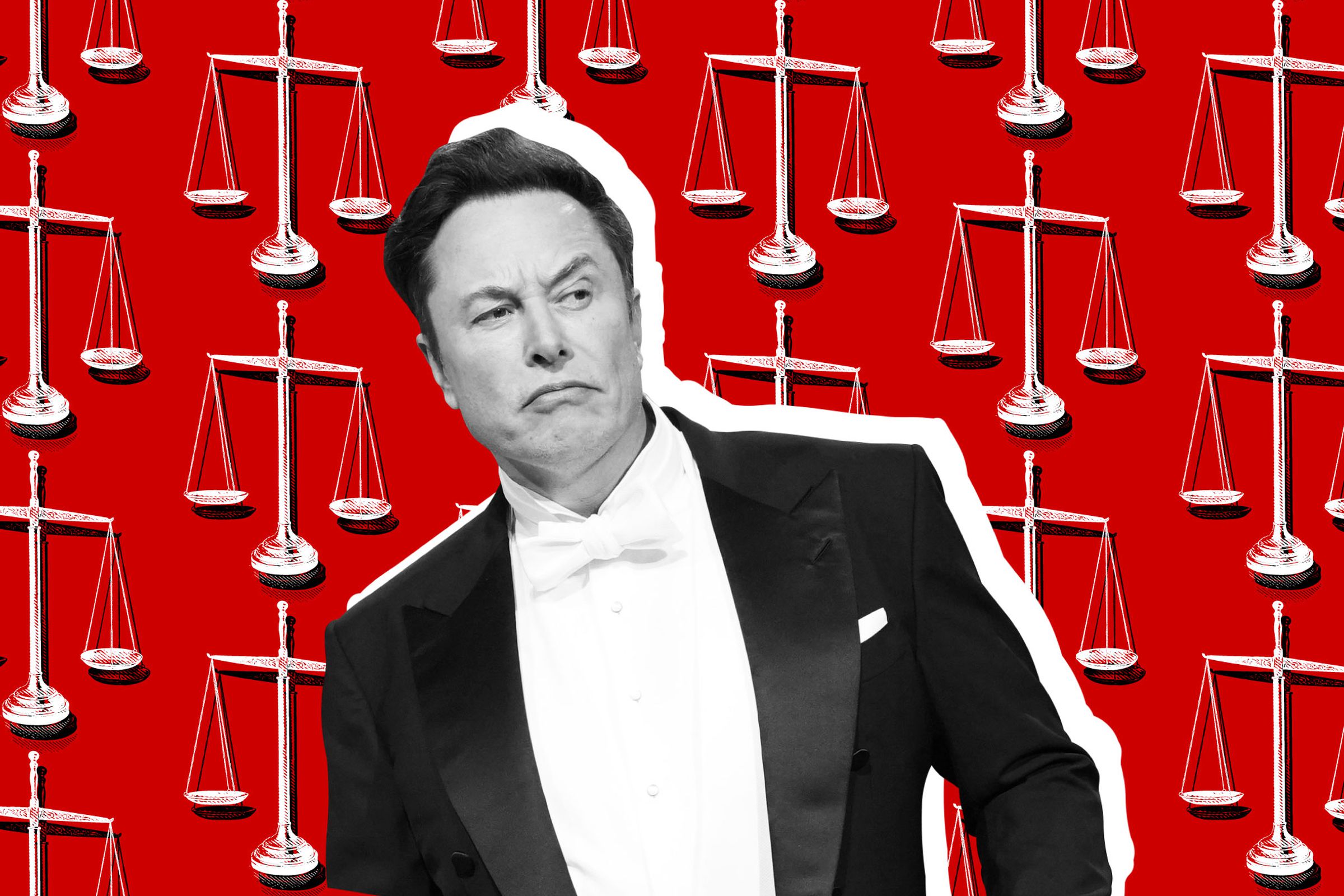 An image of Elon Musk in a tuxedo making an odd face. The background is red with weight scales on it.