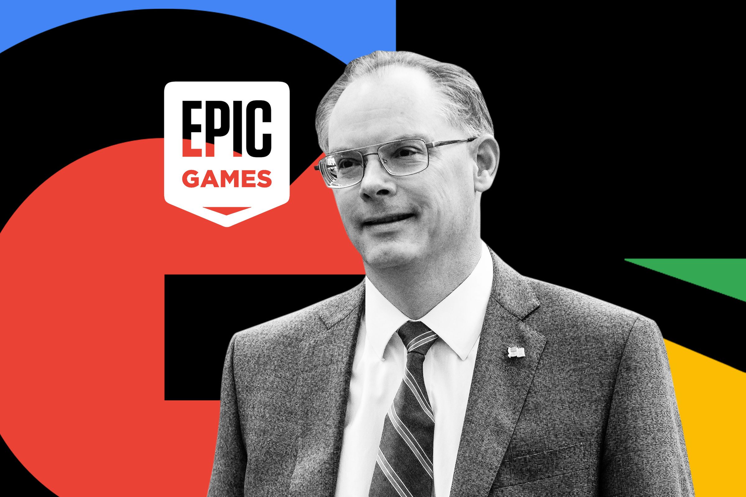 Photo illustration of Tim Sweeney in front of Google and Epic logos.