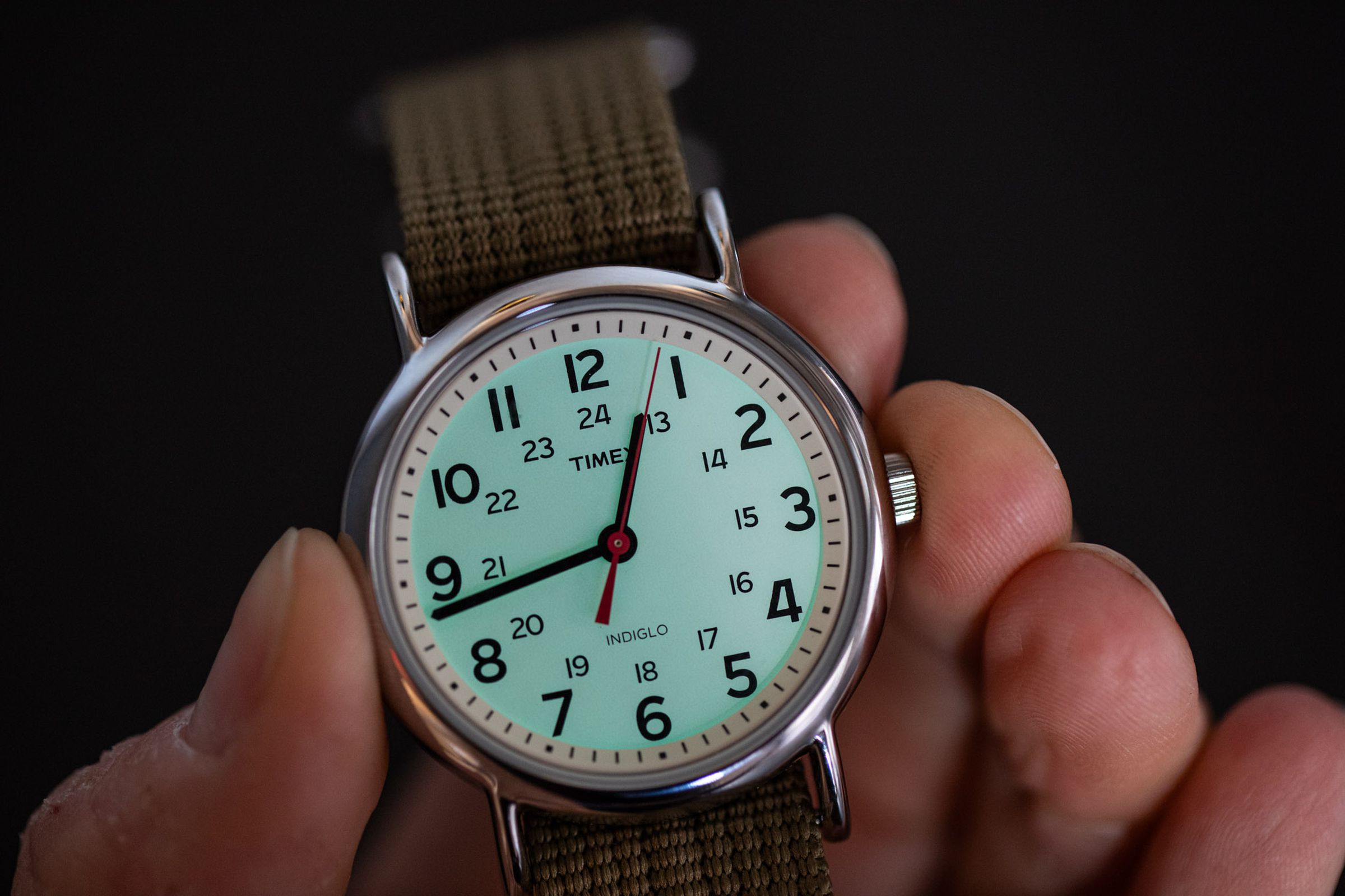 The Indiglo button on a modern Timex Weekender.