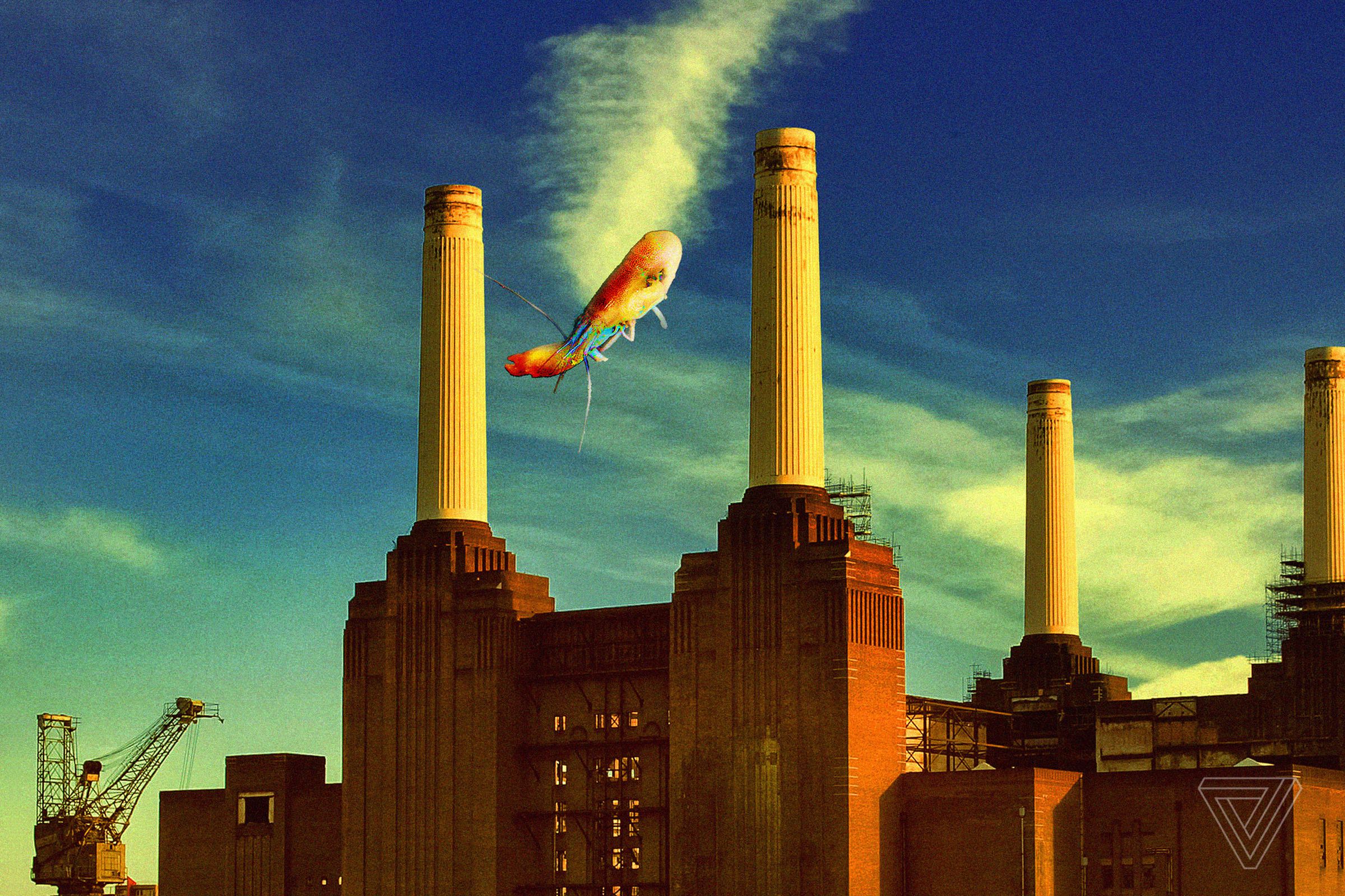 A shrimp of the family Synalpheus floats lazily over Battersea power station in London.