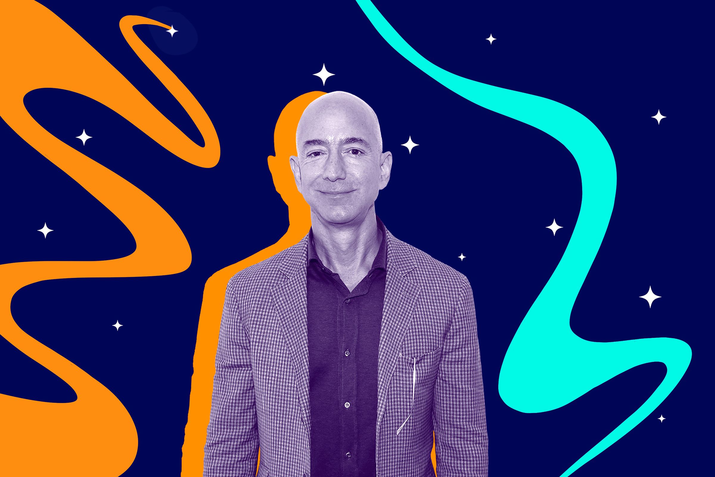 Jeff Bezos is surrounded by abstract squiggles, on a background of stars. His biceps are demurely squirreled inside a suit.