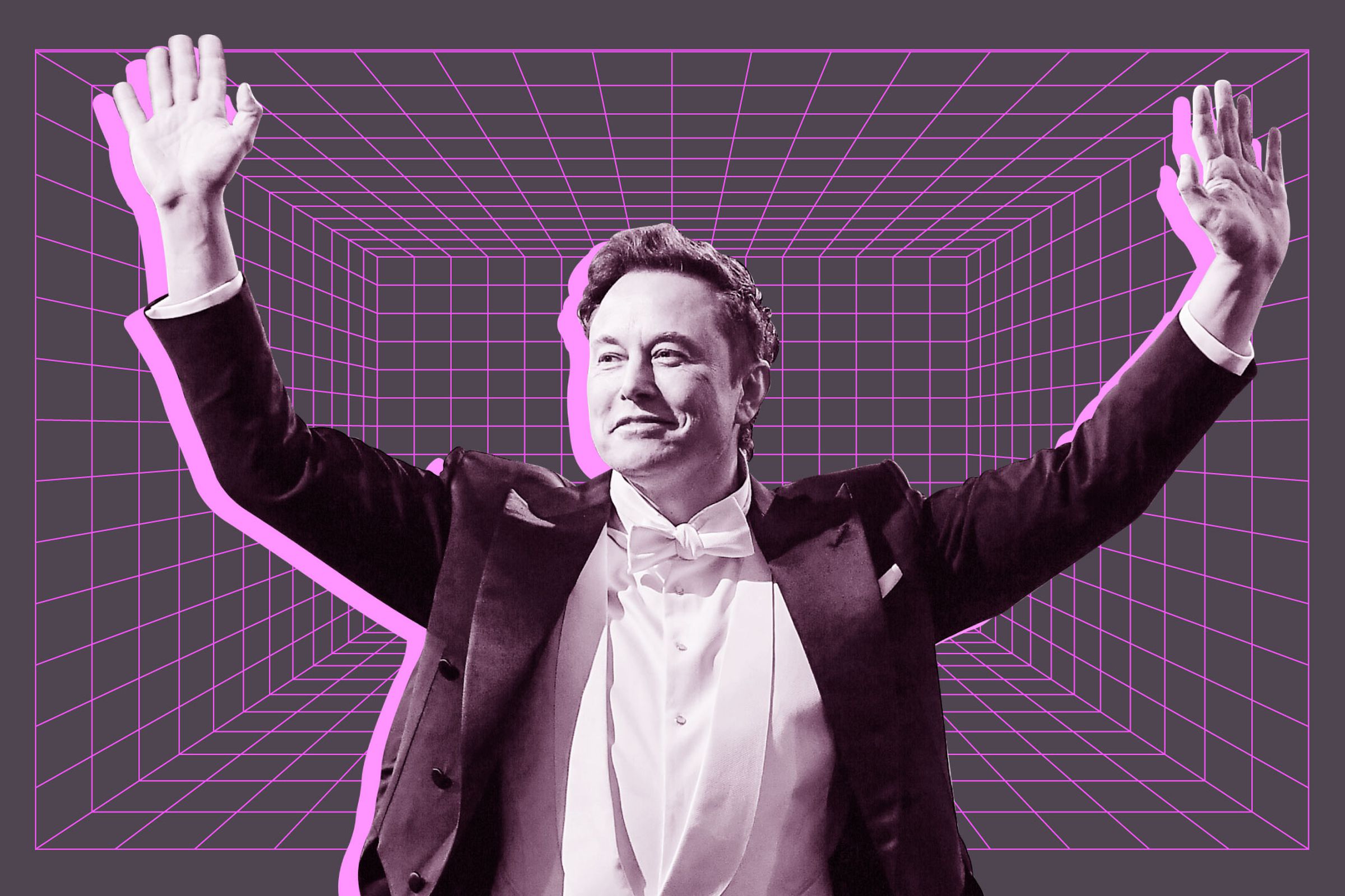 Elon Musk grins in a photo illustration, lifting his arms over his head triumphantly