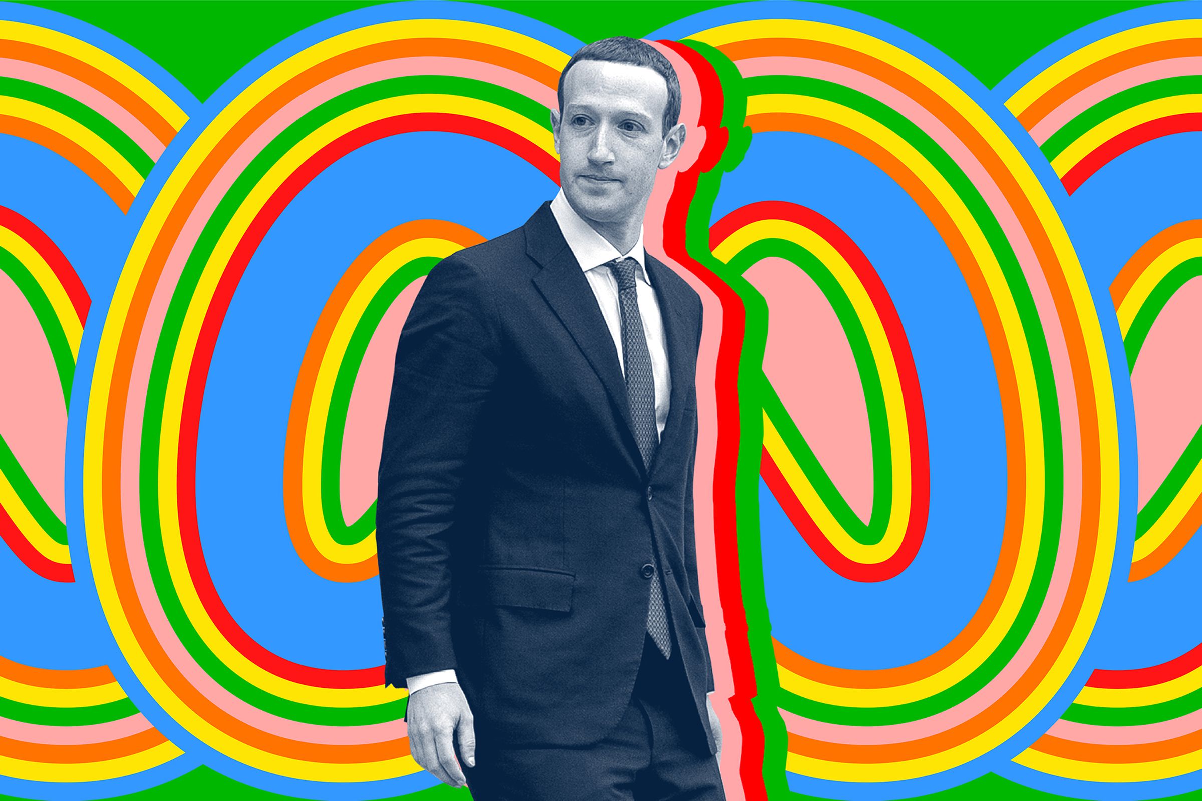 A picture of Meta CEO Mark Zuckerberg in front of a stylized Meta logo.