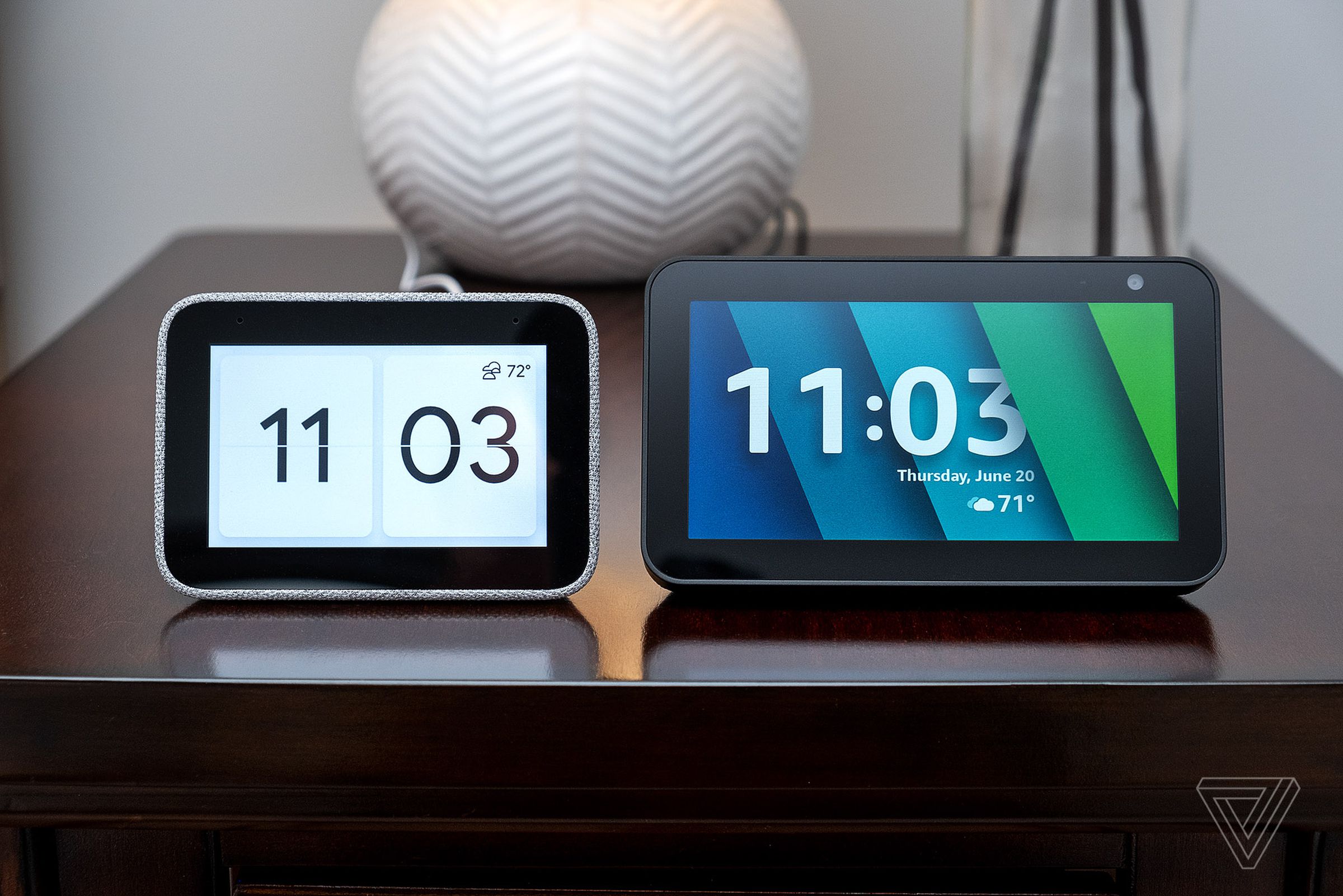 The Echo Show 5 (right) has a larger and more useful display than the Lenovo Smart Clock (left).