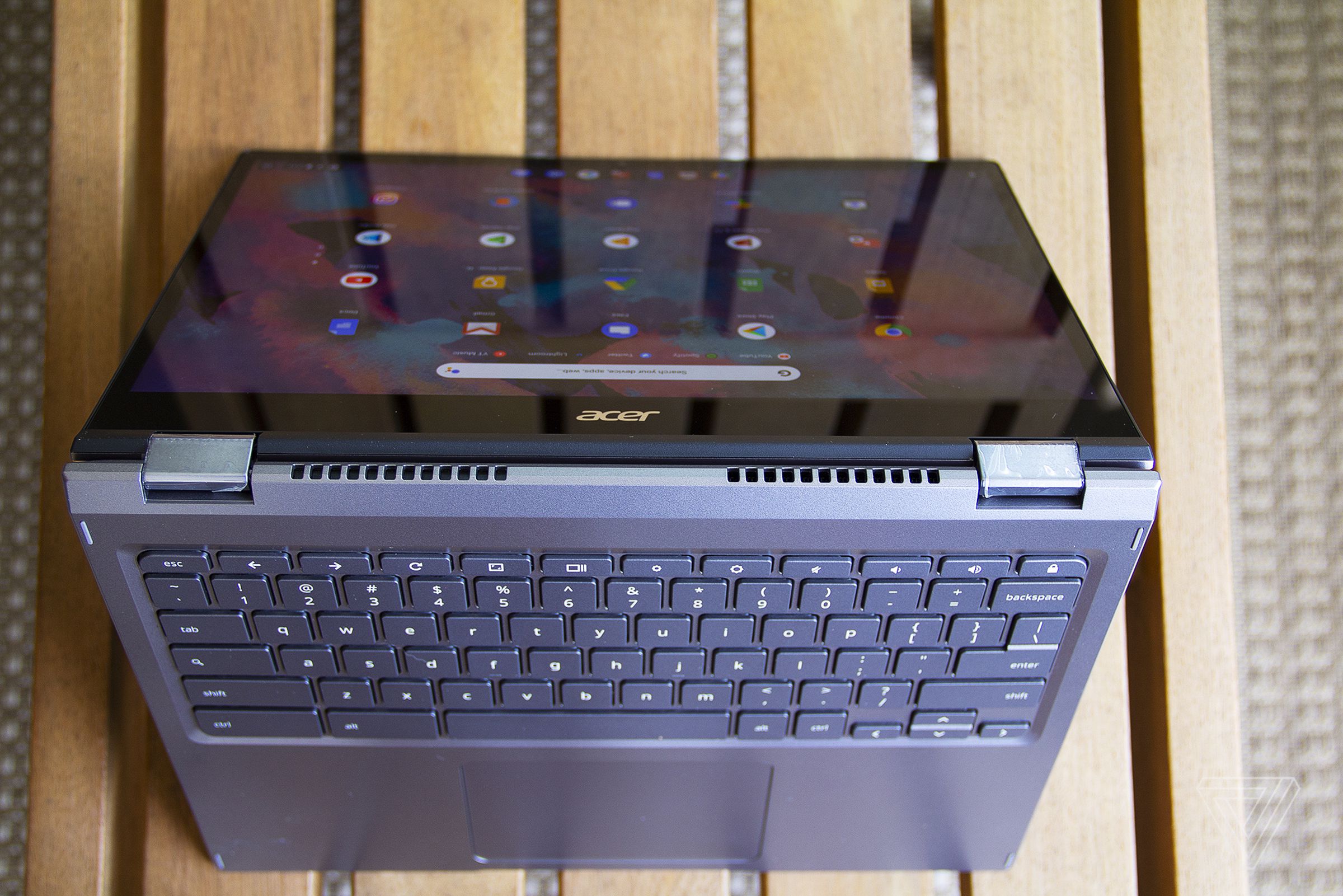 The Acer Chromebook Spin 713 in tent mode from above.