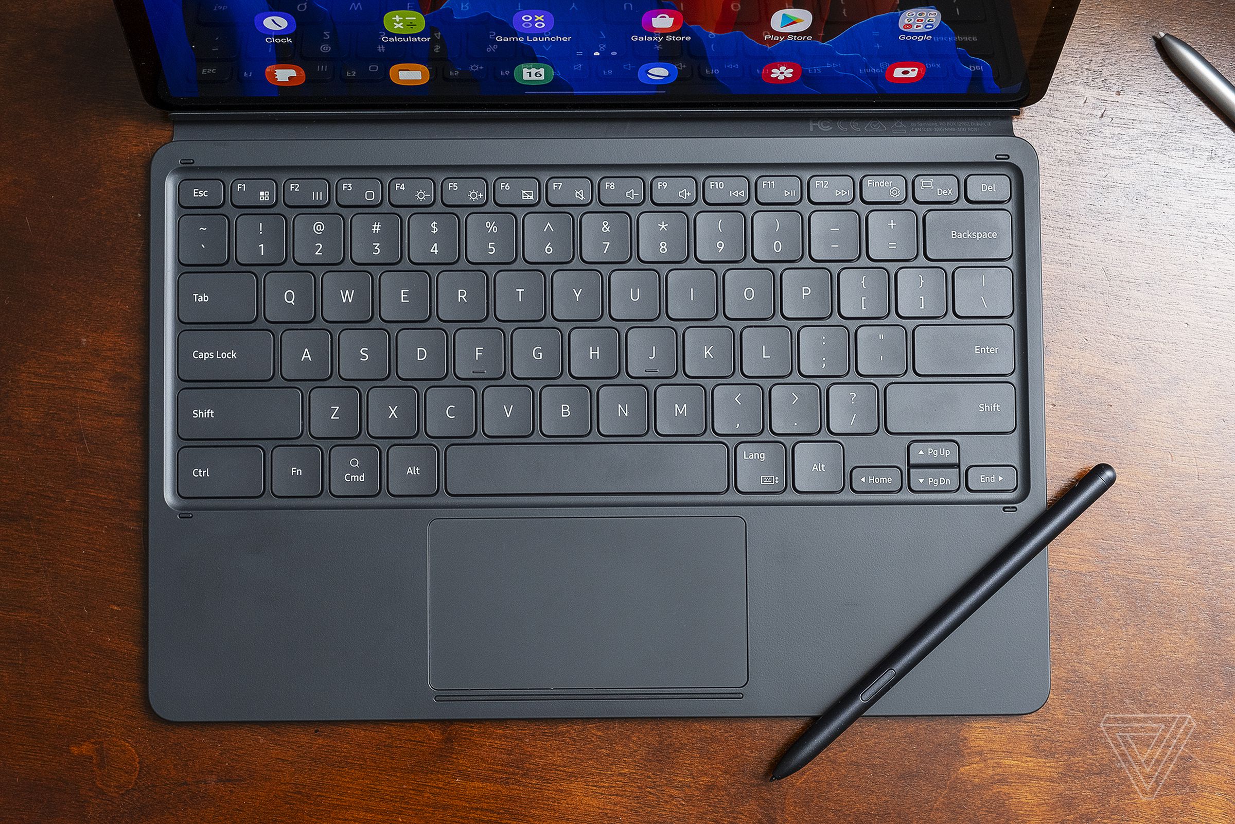 The Tab S7 Plus’ optional keyboard and included S Pen.