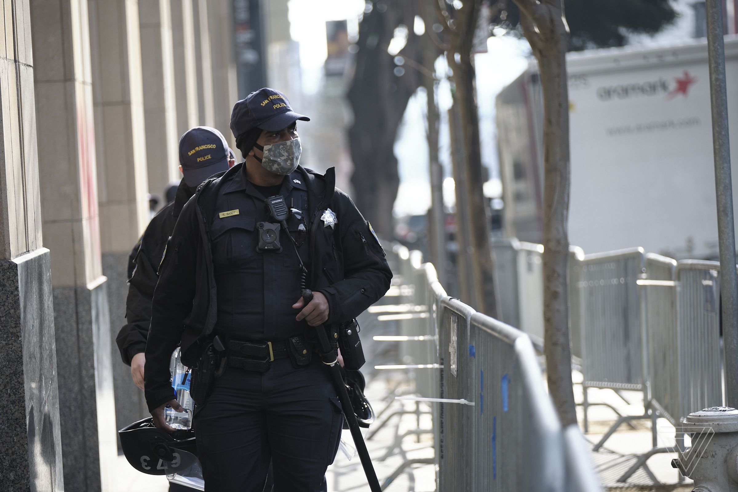 Moderate police presence at the Twitter headquarters in downtown San Francisco.