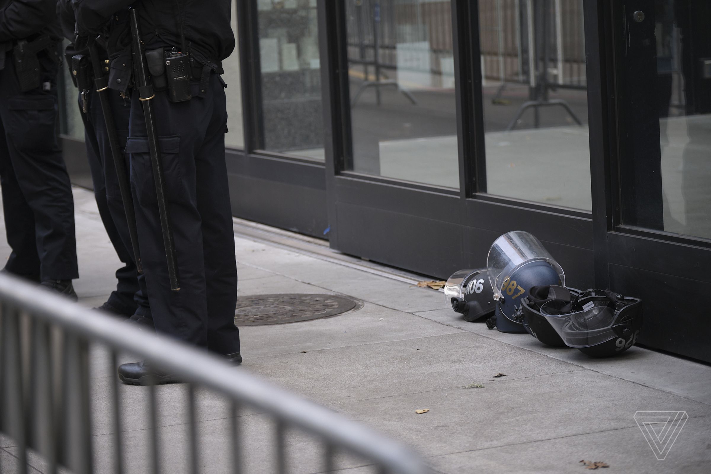 Riot gear was left unused during the pro-Trump protest near Twitter’s headquarters.