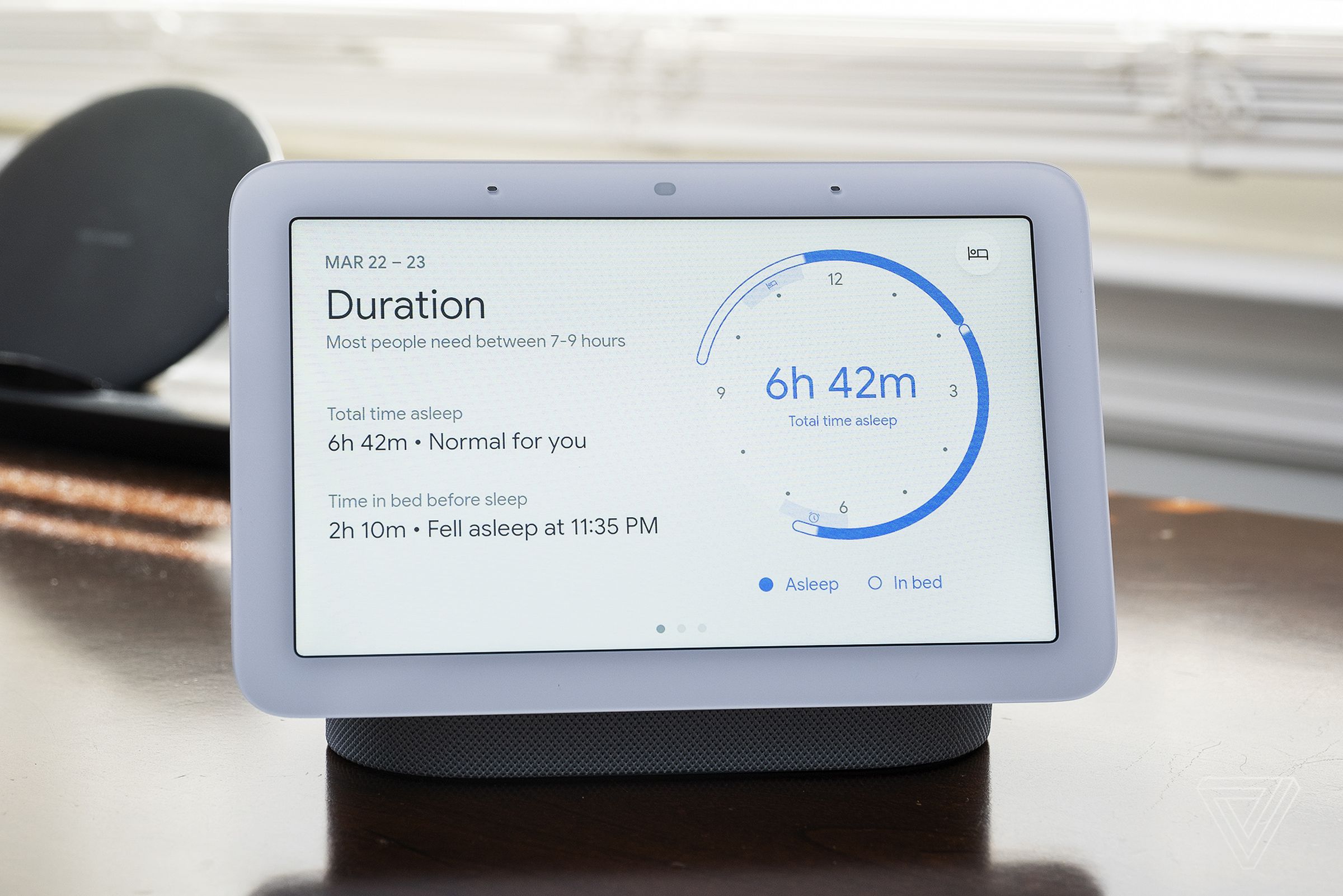 The Nest Hub can measure how long you’ve spent in bed and how much of that was spent sleeping.