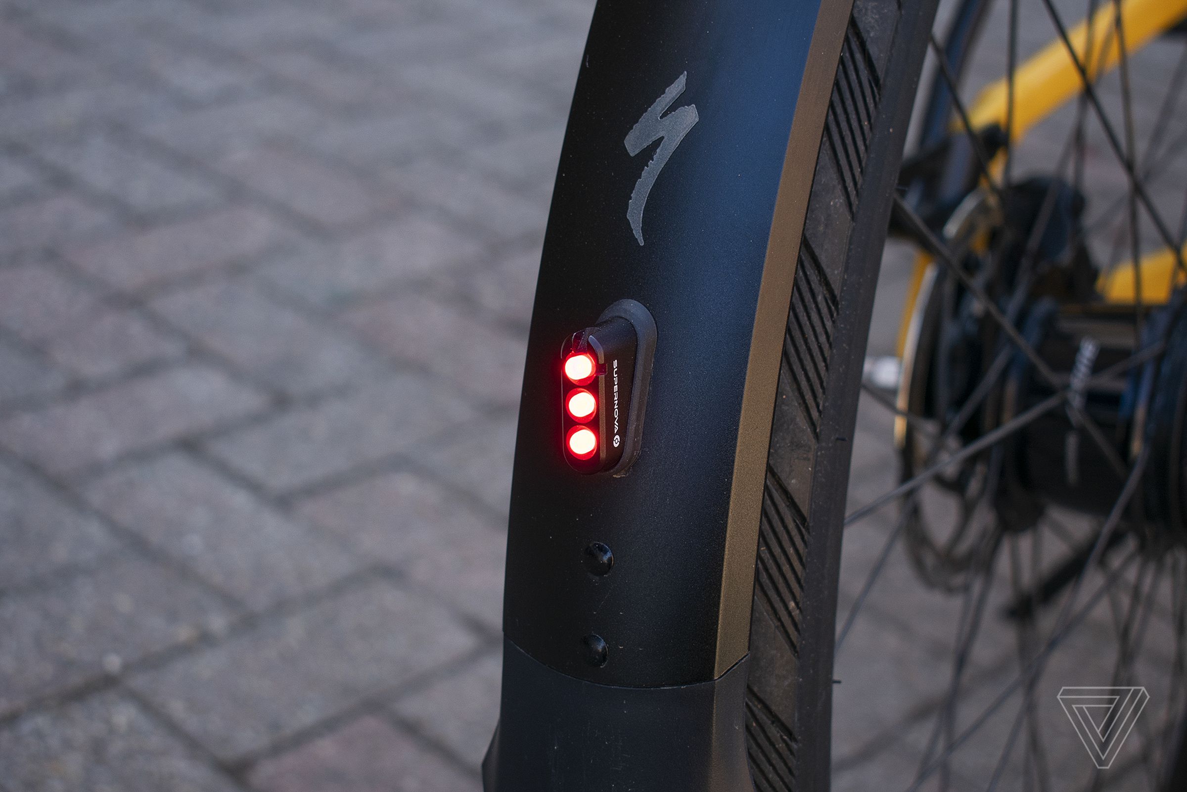 Front and back lights are connected to the bike’s battery.