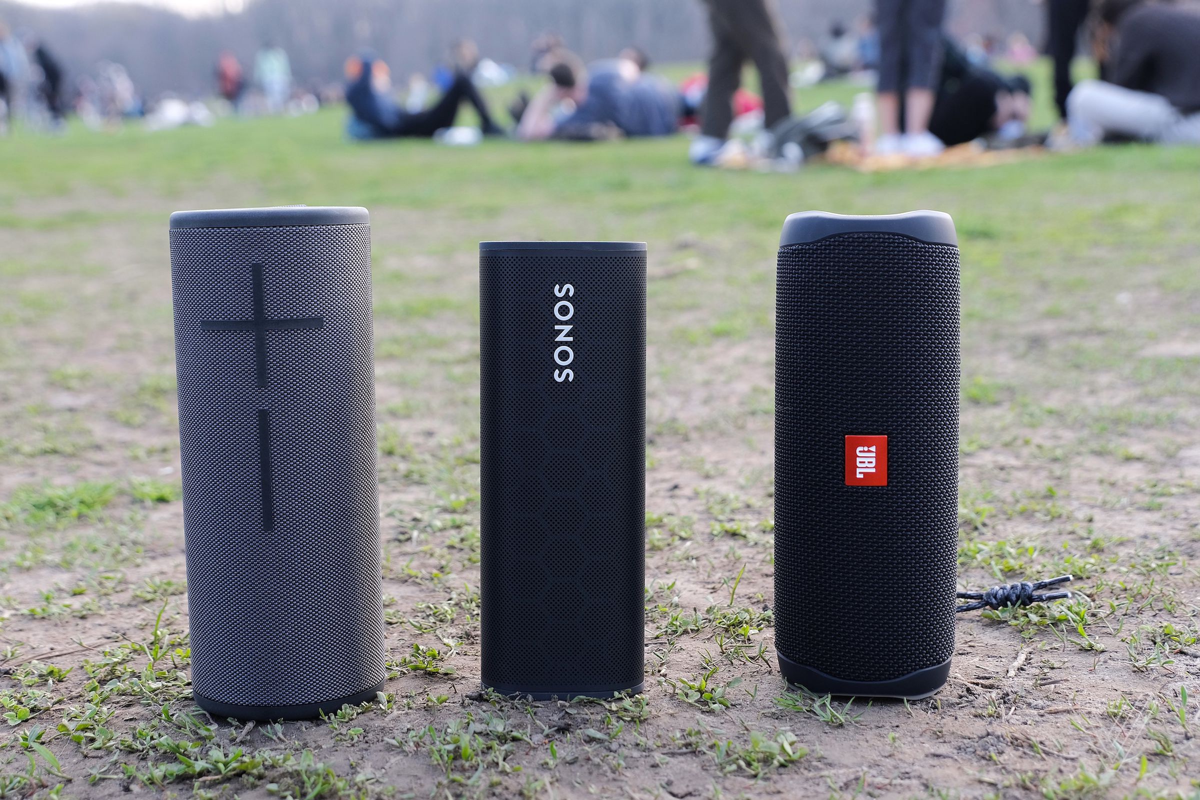 Pictured from left: the UE Boom 3, Sonos Roam, and JBL Flip 5.