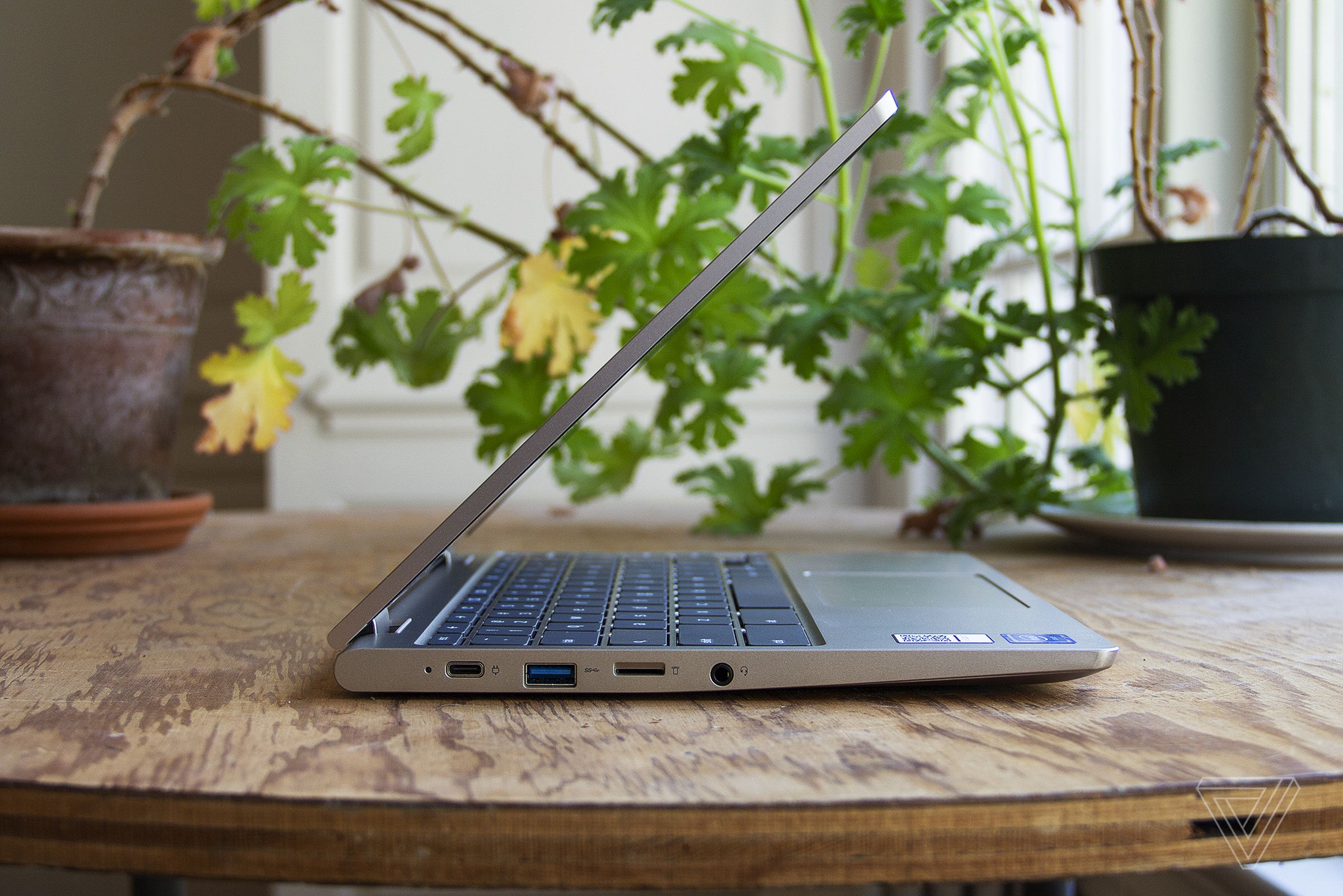 The Lenovo Ideapad Flex 3 Chromebook from the left side, half open on a table in front of two houseplants.