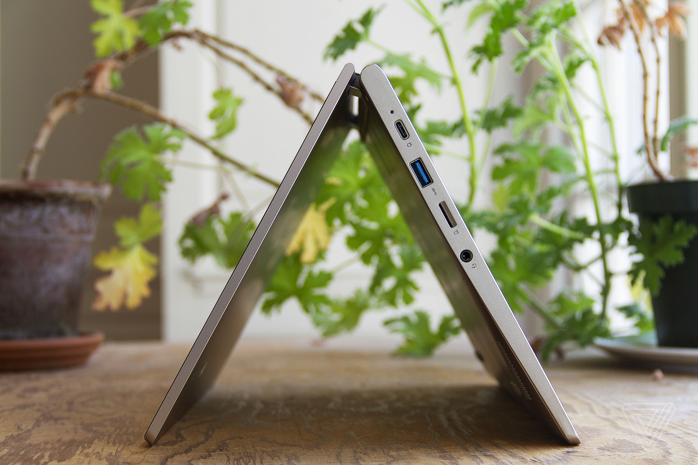 The Lenovo Ideapad Flex 3 in tent mode, seen from the left side, with two houseplants in the background.