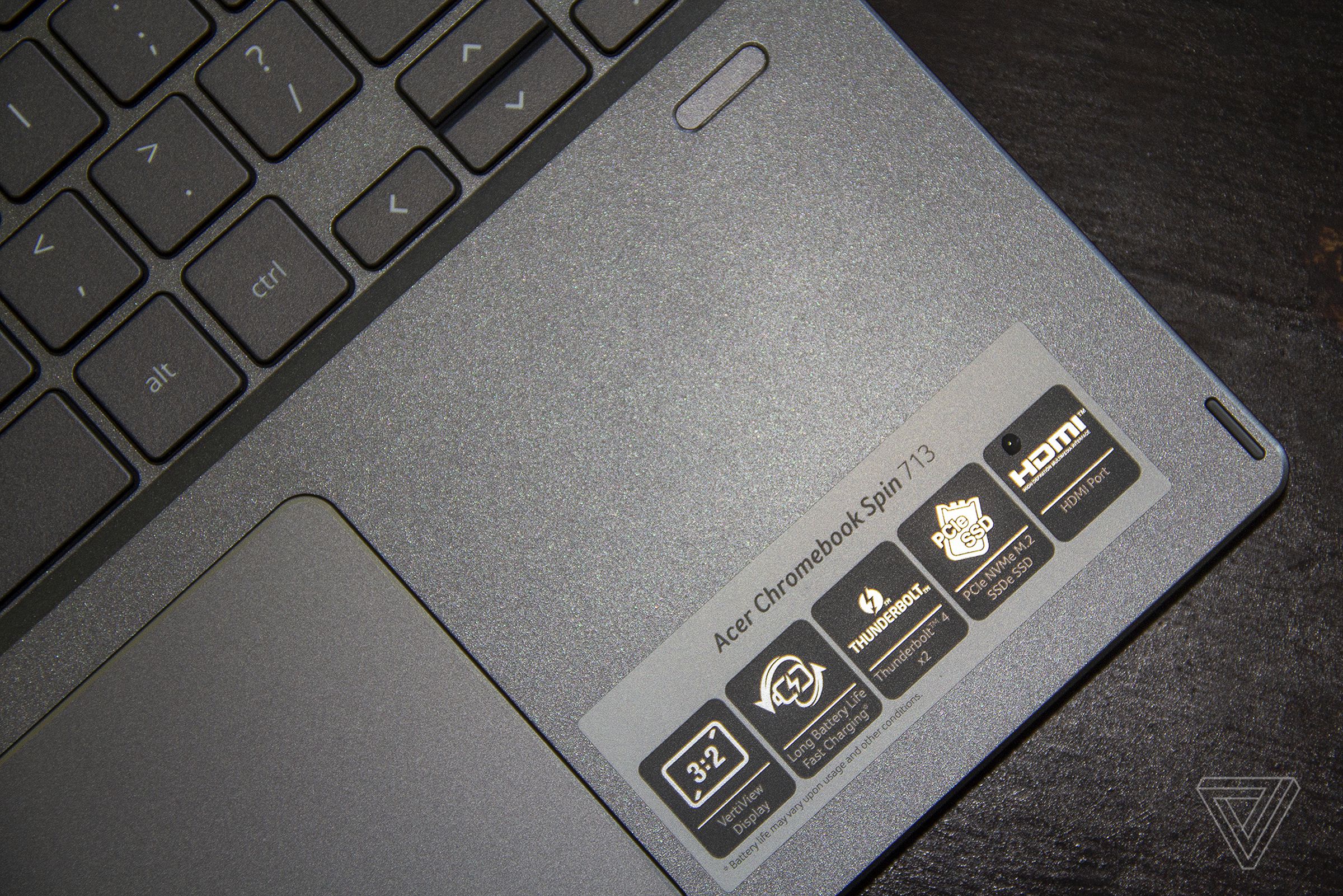 The right palm rest of the Acer Chromebook Spin 713 seen from above, angled to the right.