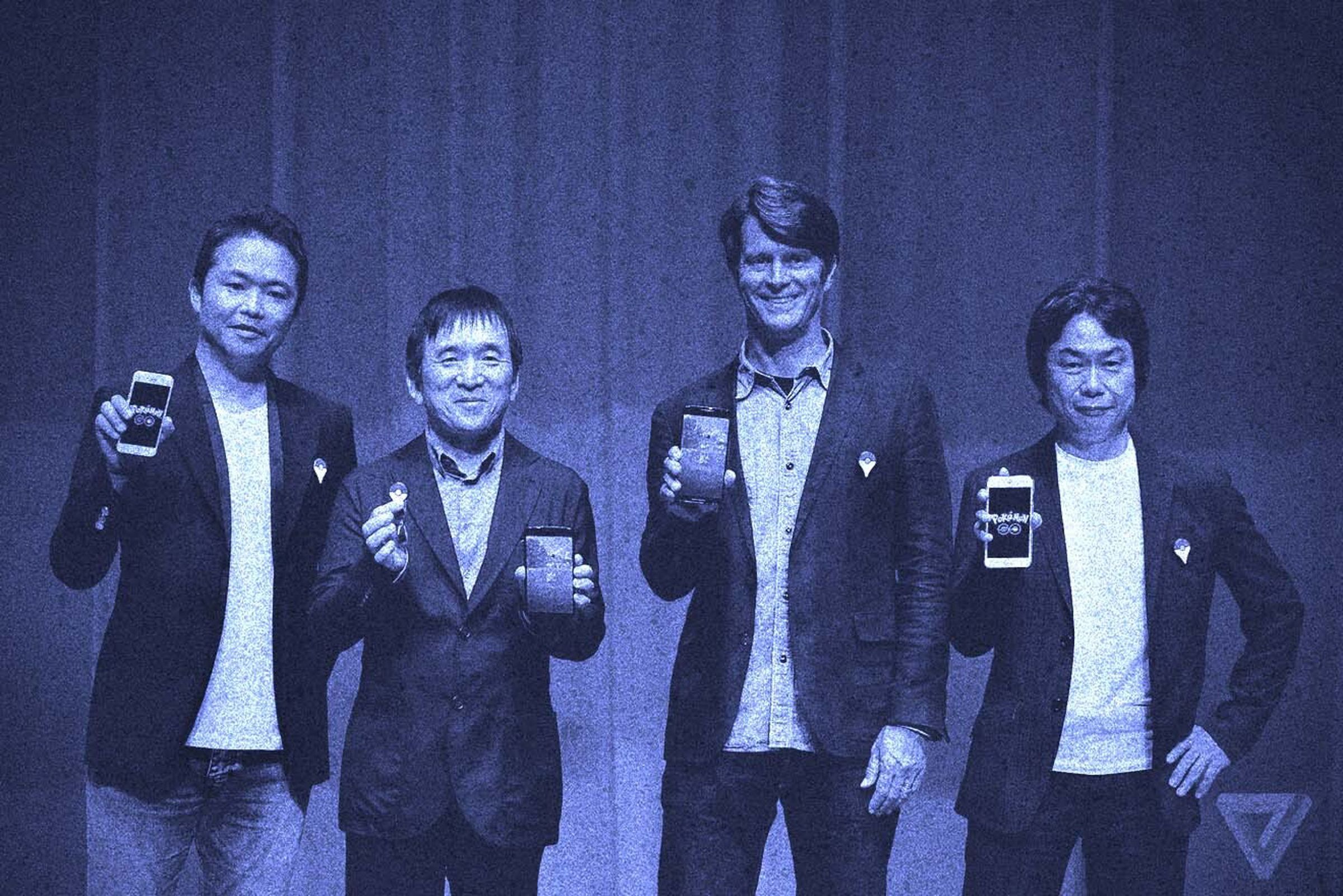 Pokemon Go’s announcement in 2015. From left to right: Game Freak’s Junichi Masuda, The Pokémon Company’s Tsunekazu Ishihara, Niantic’s John Hanke, and Nintendo’s Shigeru Miyamoto.  