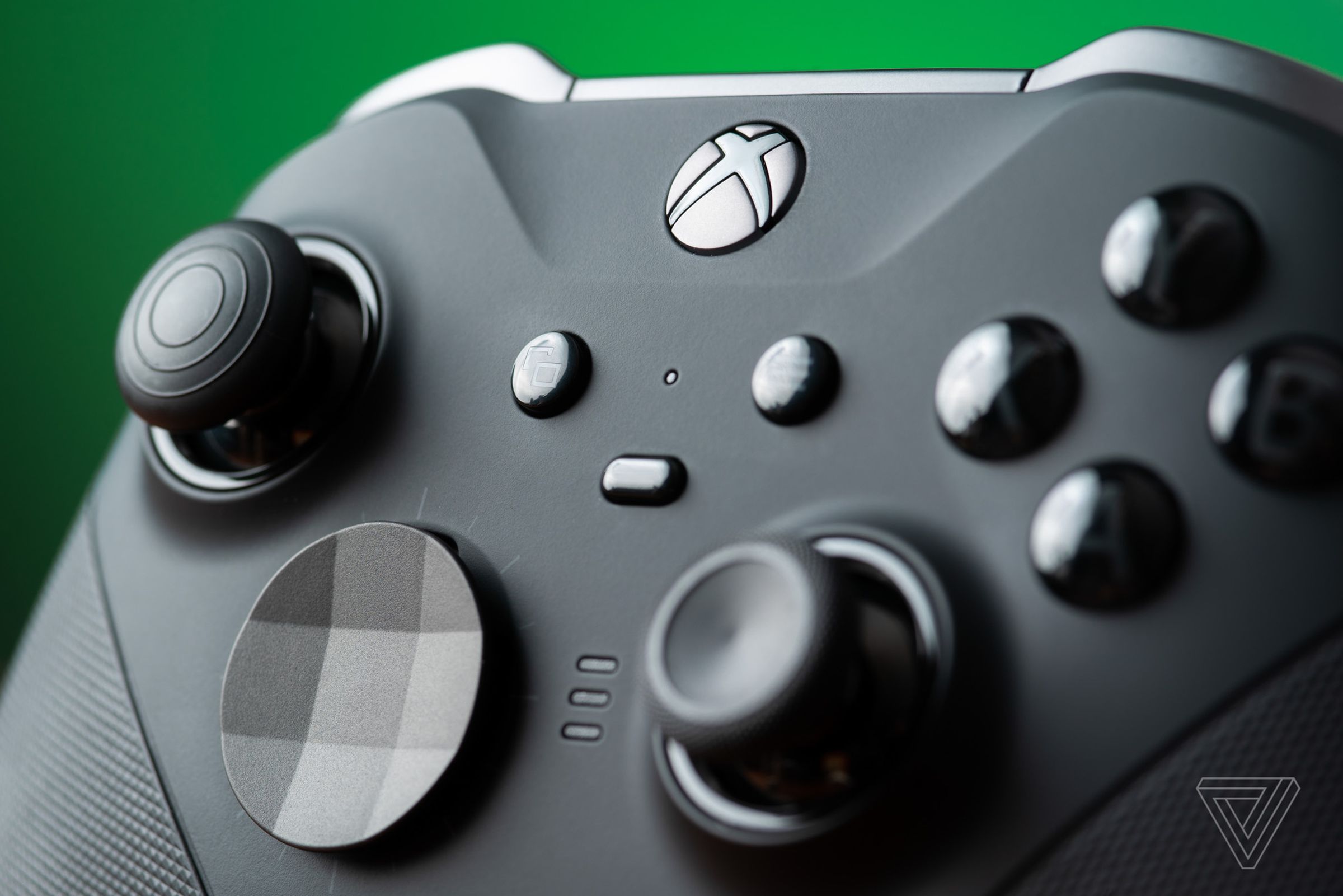 A close-up of the Xbox Elite Series 2 controller, showing its matte black finish.