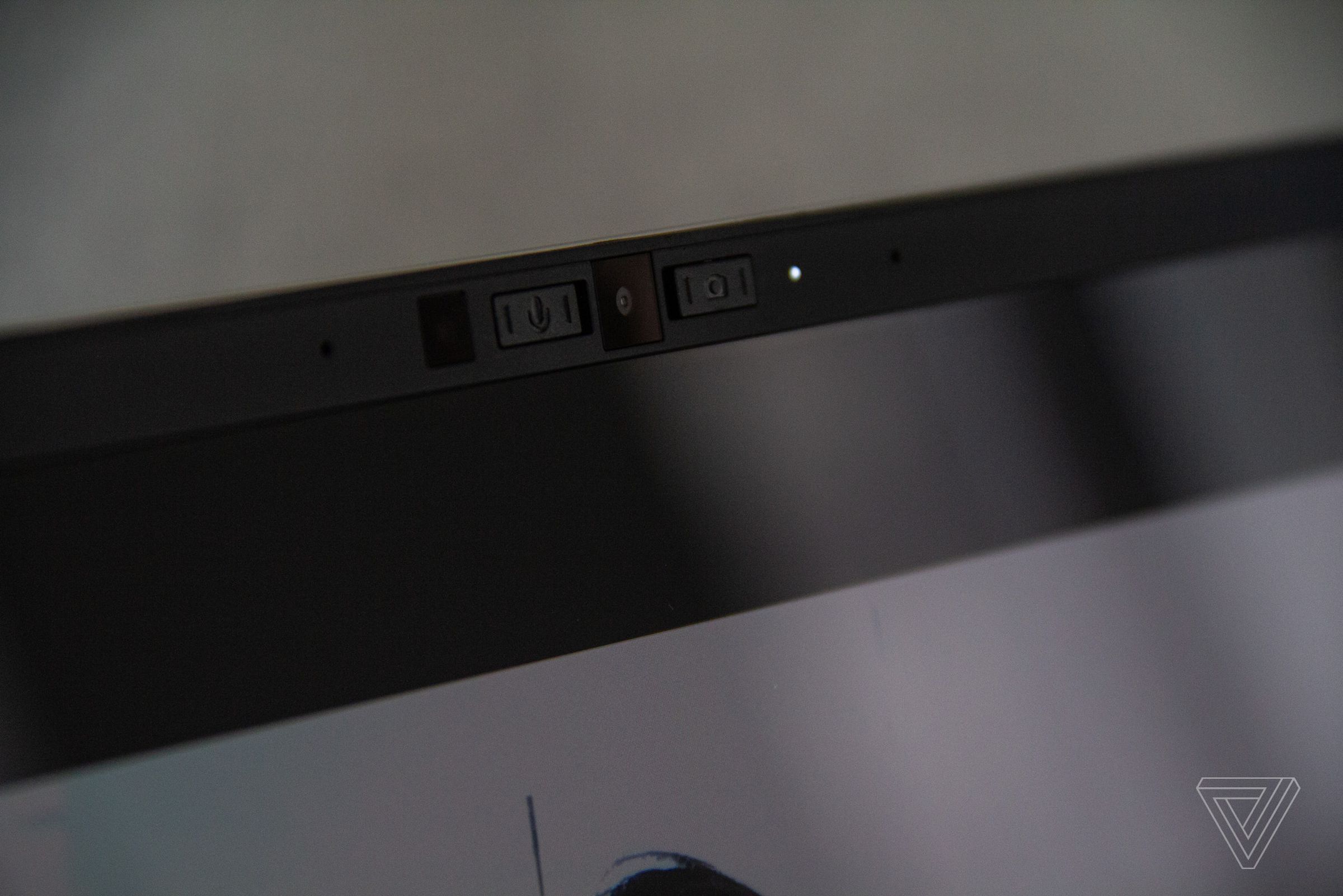 The webcam of the Framework Laptop with the indicator light illuminated.