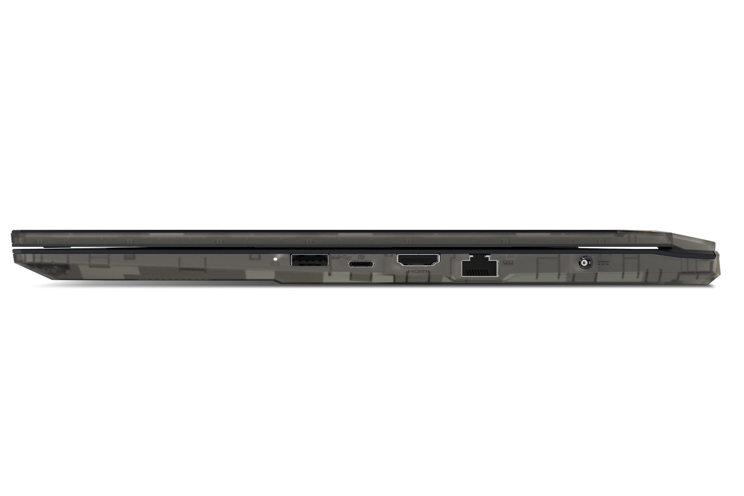 The side view of the MSI Cyborg 15 for 2023, revealing a power port, HDMI port, Ethernet, USB-C and a USB Type-A port.