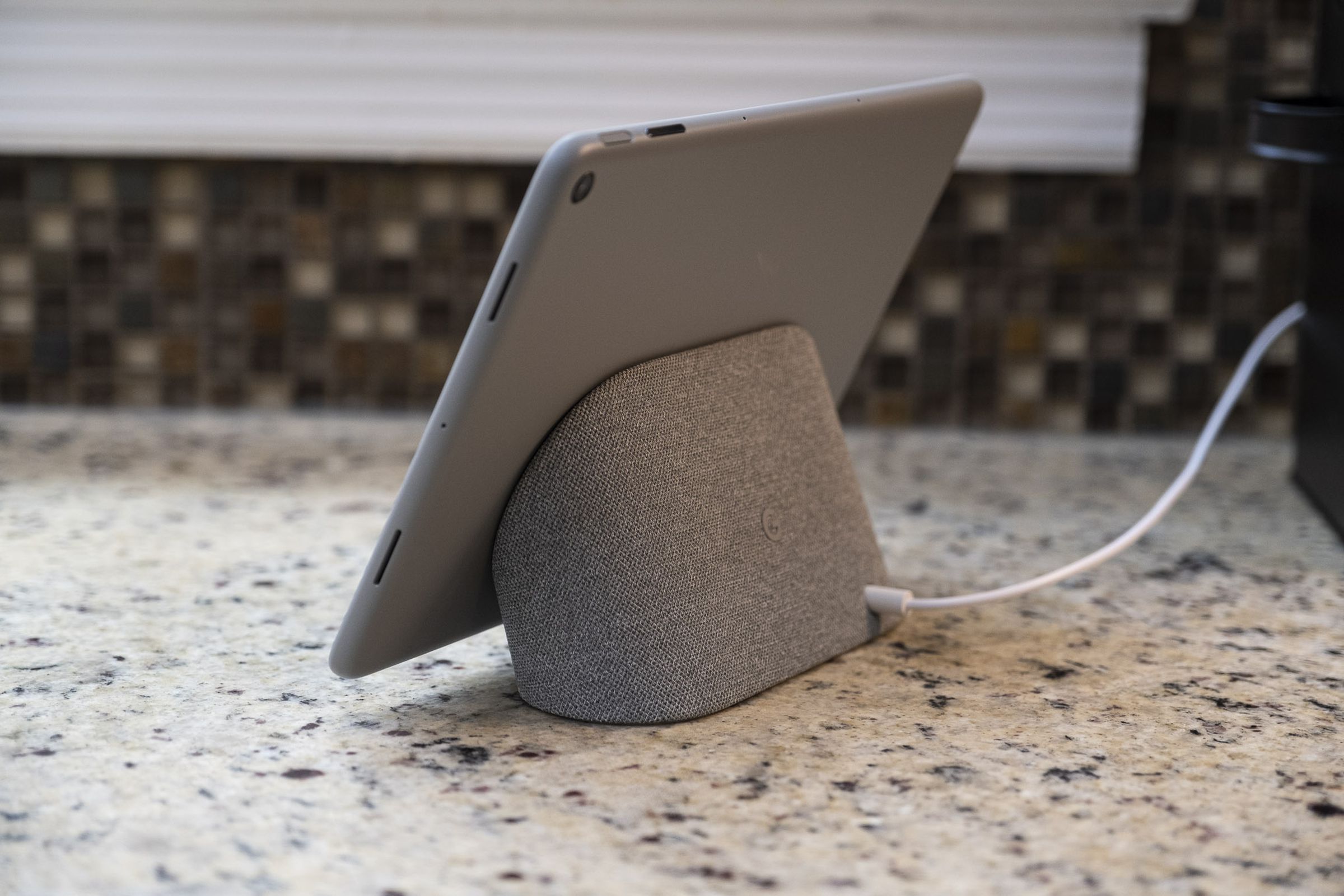 A back view of the Pixel Tablet on its speaker dock.